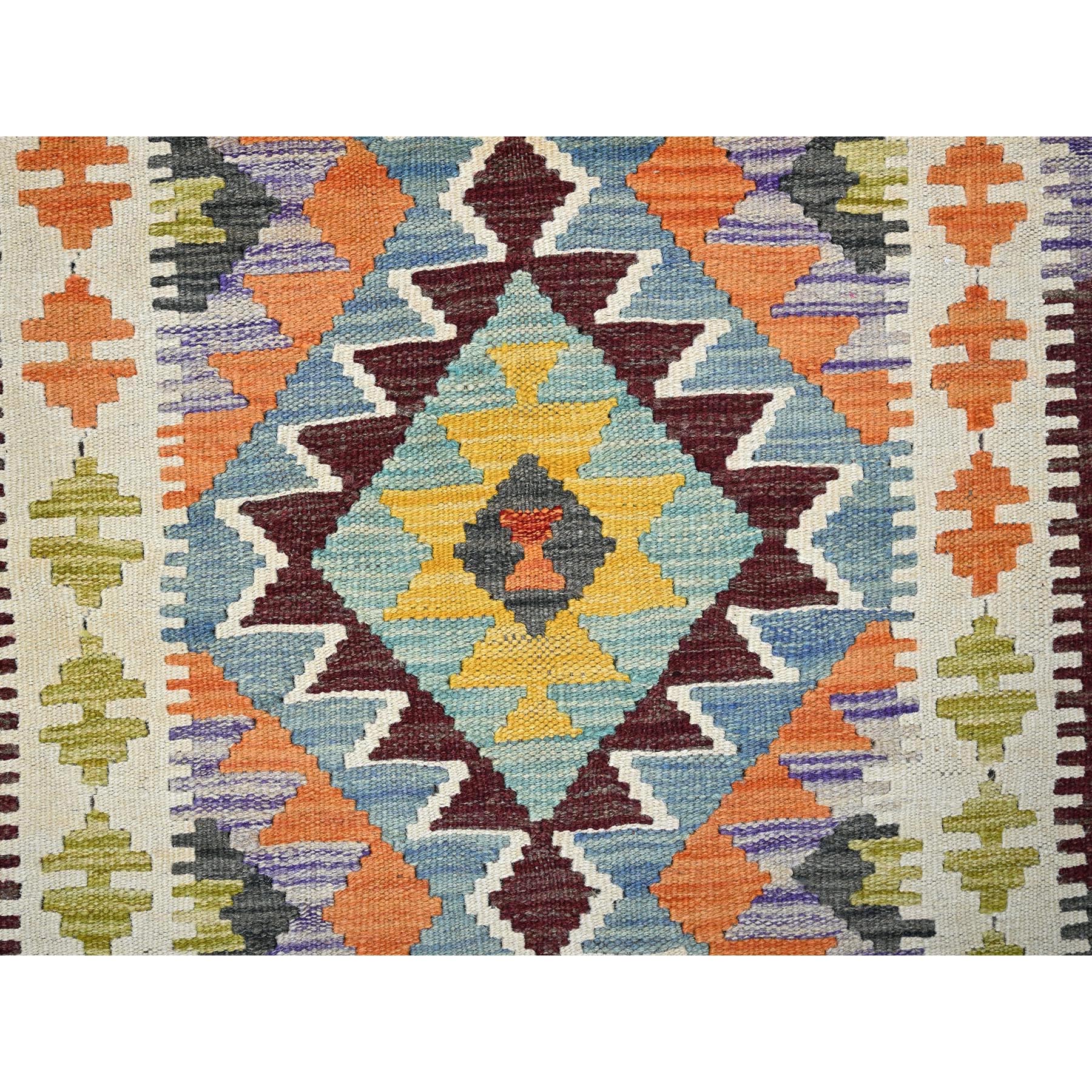 2'9"x8'2" Ruddy Blue, Afghan Kilim with Colorful Geometric Pattern, 100% Wool, Vegetable Dyes, Flat Weave, Hand Woven, Reversible, Runner, Oriental Rug Sh1220