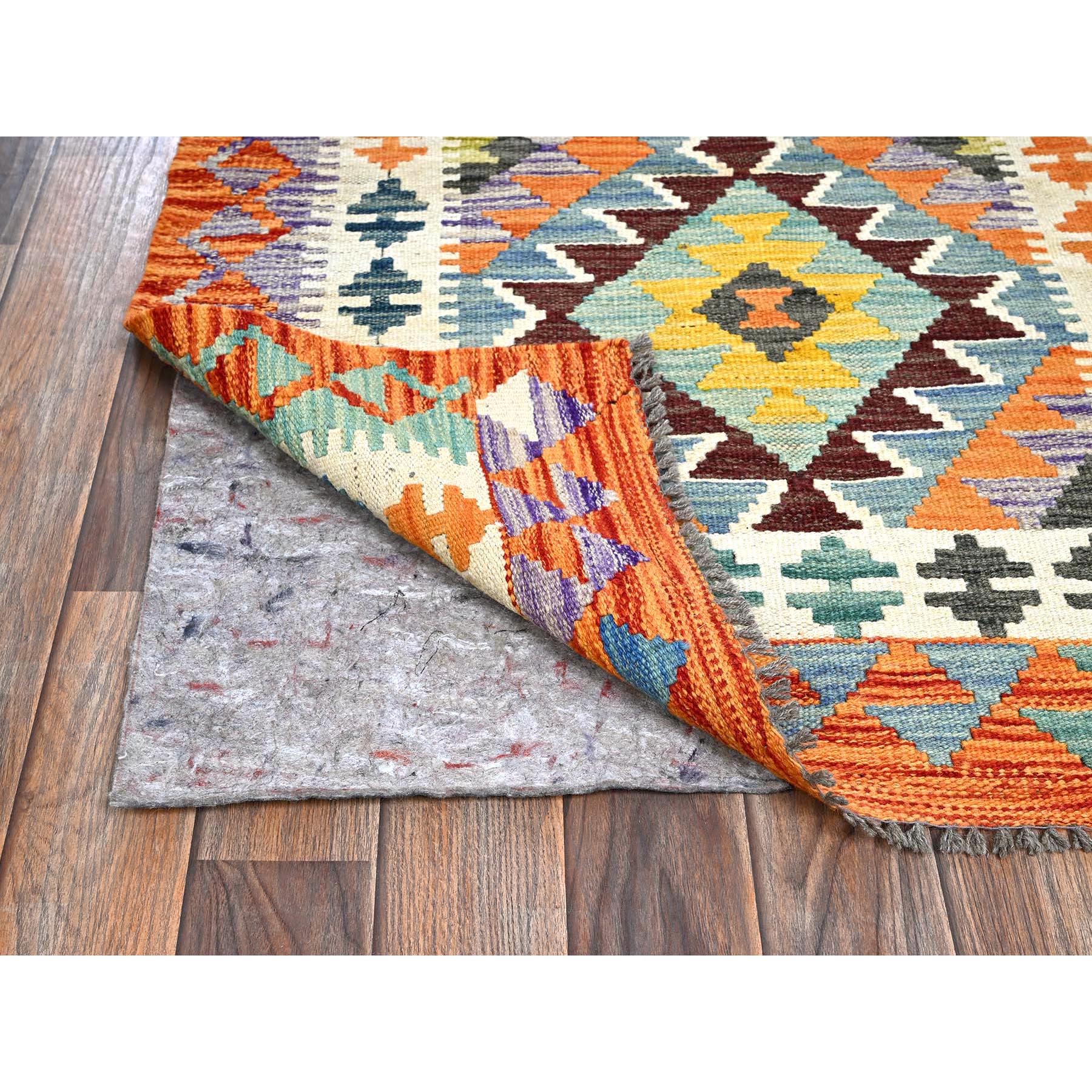 2'9"x8'2" Ruddy Blue, Afghan Kilim with Colorful Geometric Pattern, 100% Wool, Vegetable Dyes, Flat Weave, Hand Woven, Reversible, Runner, Oriental Rug Sh1220