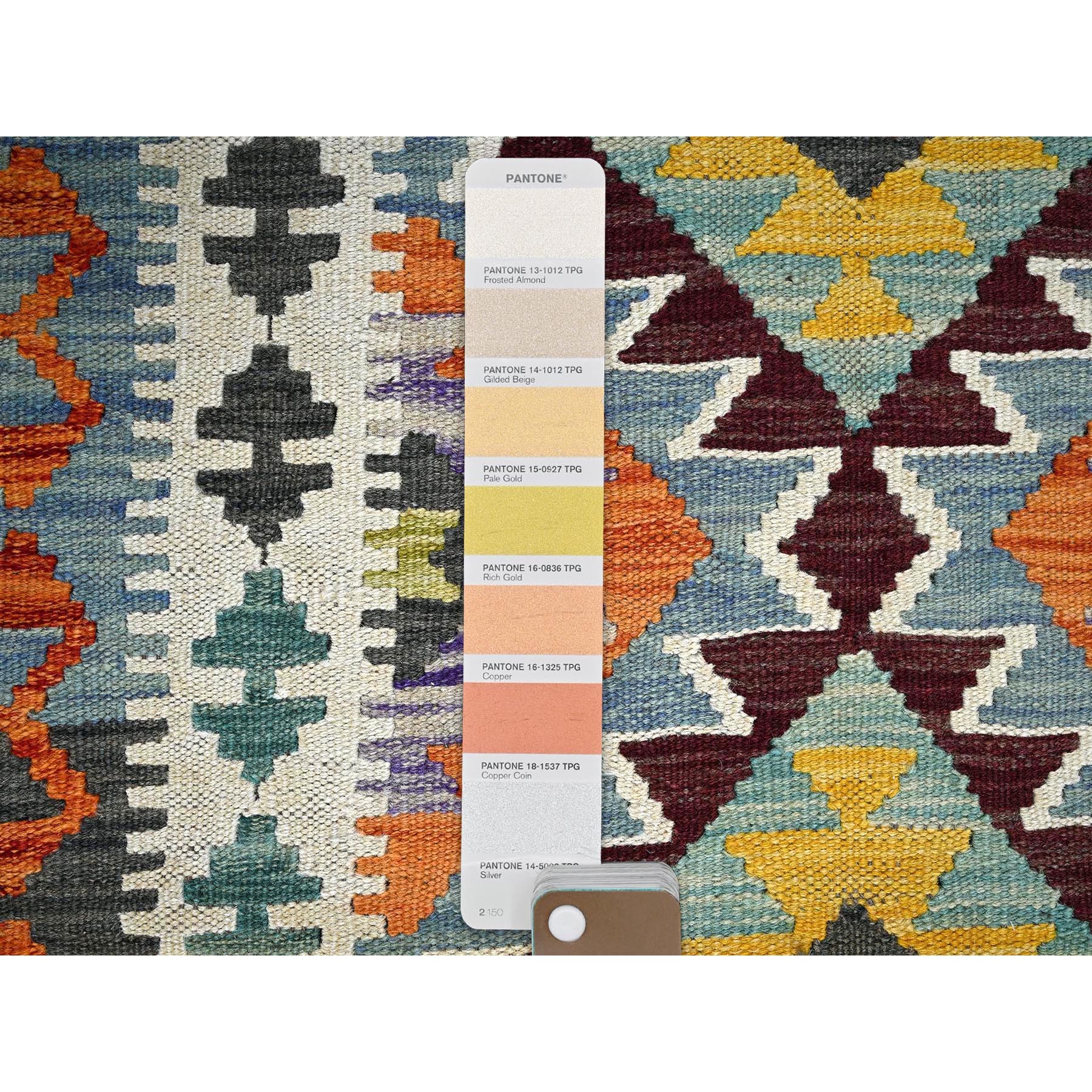 2'9"x8'2" Ruddy Blue, Afghan Kilim with Colorful Geometric Pattern, 100% Wool, Vegetable Dyes, Flat Weave, Hand Woven, Reversible, Runner, Oriental Rug Sh1220