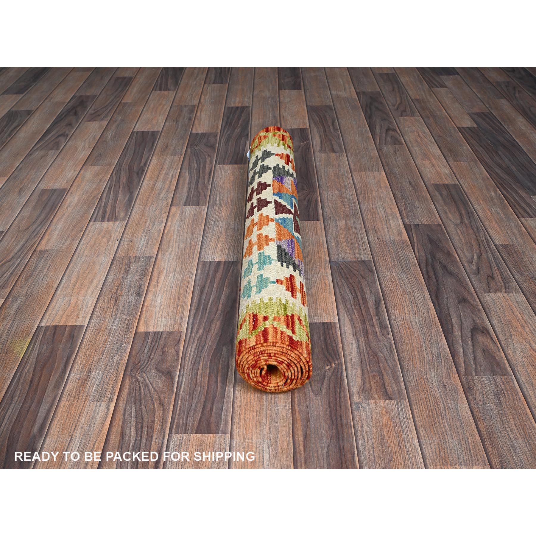 2'9"x8'2" Ruddy Blue, Afghan Kilim with Colorful Geometric Pattern, 100% Wool, Vegetable Dyes, Flat Weave, Hand Woven, Reversible, Runner, Oriental Rug Sh1220