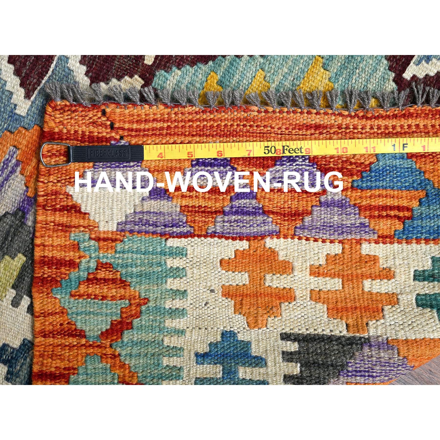 2'9"x8'2" Ruddy Blue, Afghan Kilim with Colorful Geometric Pattern, 100% Wool, Vegetable Dyes, Flat Weave, Hand Woven, Reversible, Runner, Oriental Rug Sh1220