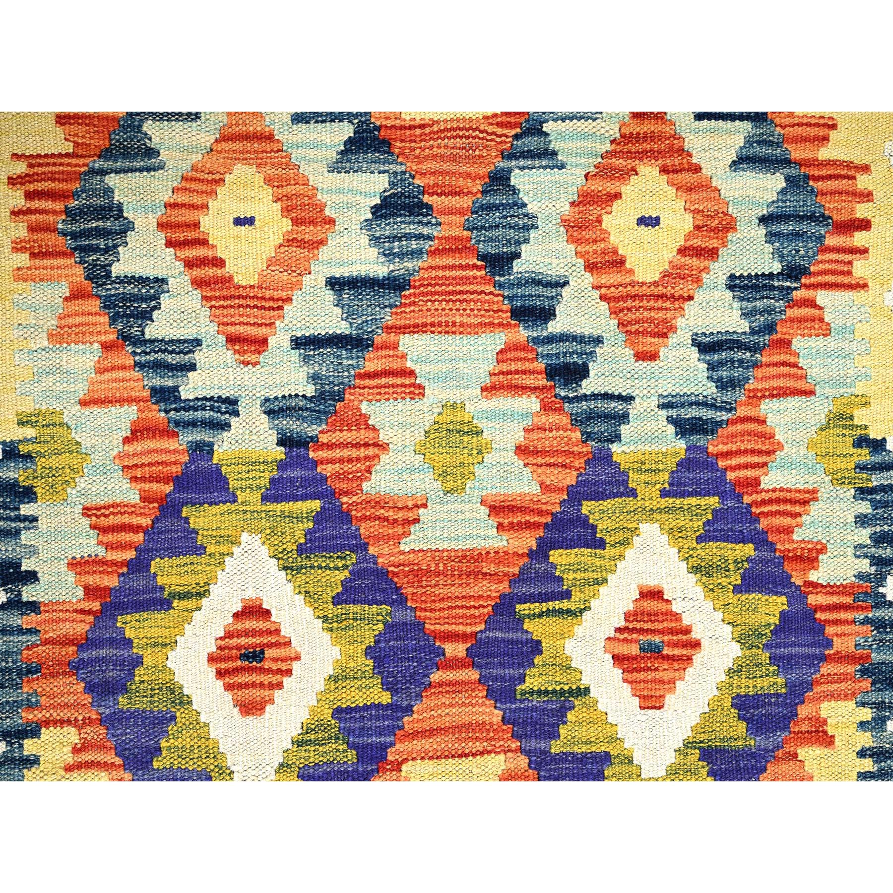 2'8"x8' Alabaster White, Afghan Kilim with Colorful Geometric Pattern, Vegetable Dyes, Pure Wool, Flat Weave, Hand Woven, Reversible, Runner, Oriental Rug Sh1222