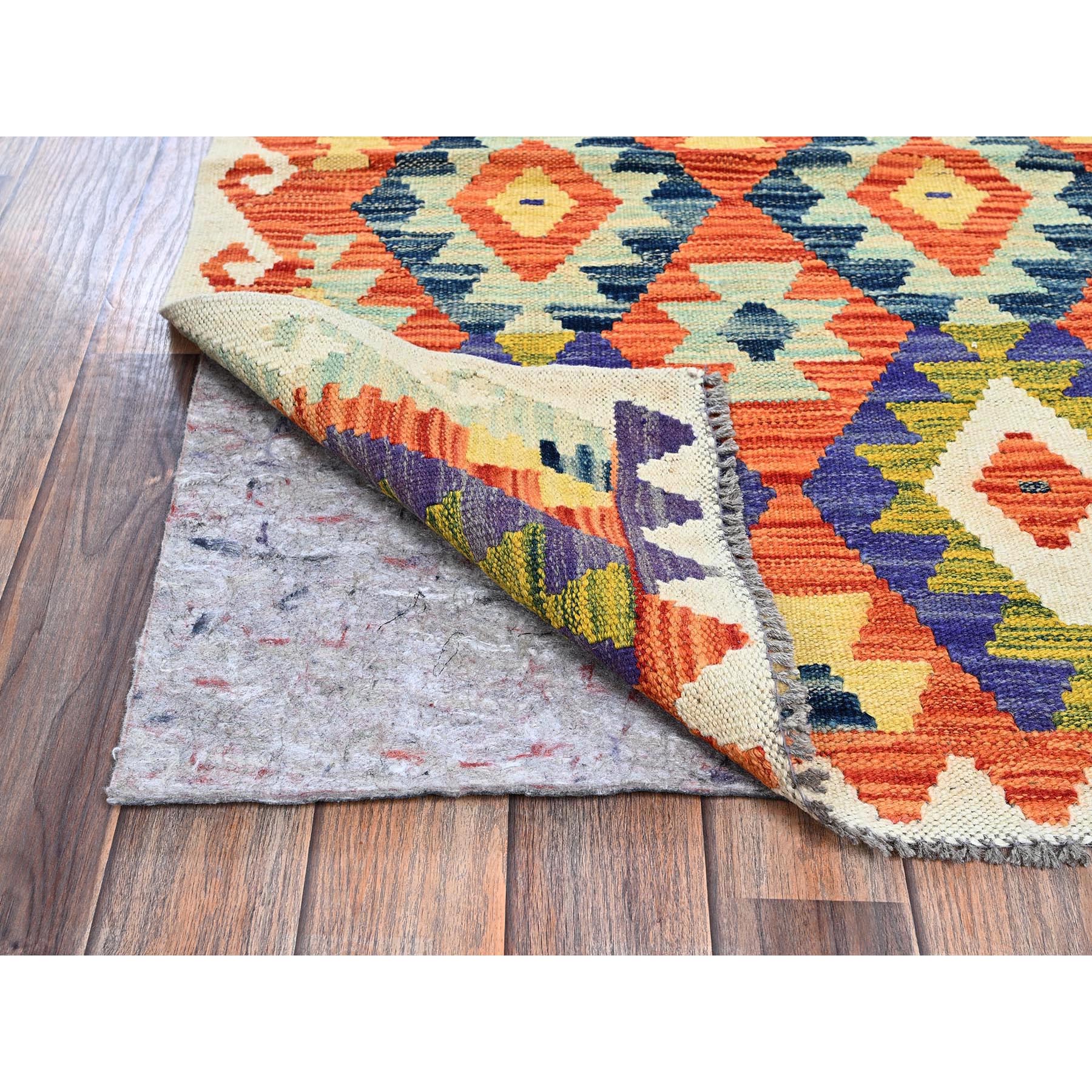 2'8"x8' Alabaster White, Afghan Kilim with Colorful Geometric Pattern, Vegetable Dyes, Pure Wool, Flat Weave, Hand Woven, Reversible, Runner, Oriental Rug Sh1222