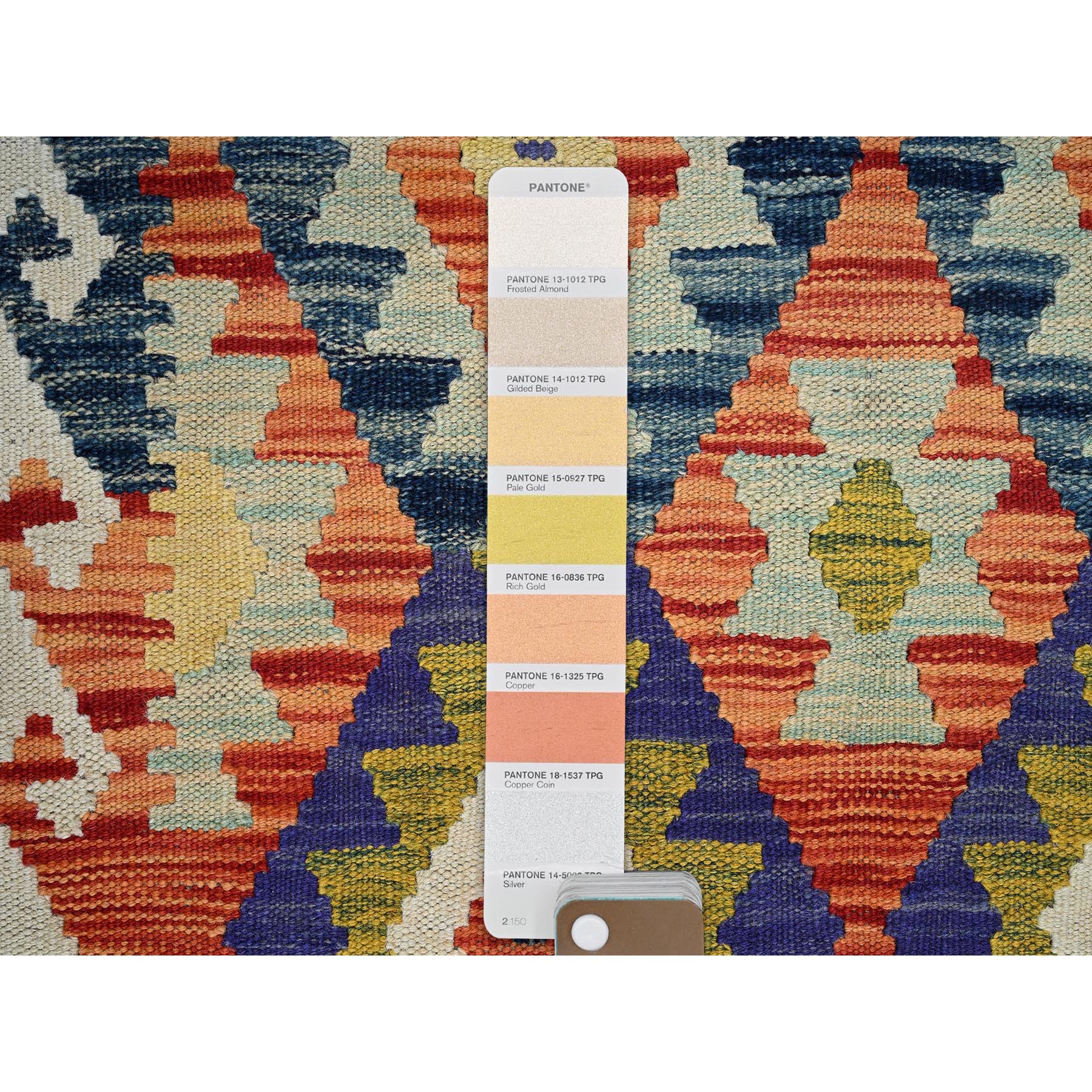 2'8"x8' Alabaster White, Afghan Kilim with Colorful Geometric Pattern, Vegetable Dyes, Pure Wool, Flat Weave, Hand Woven, Reversible, Runner, Oriental Rug Sh1222