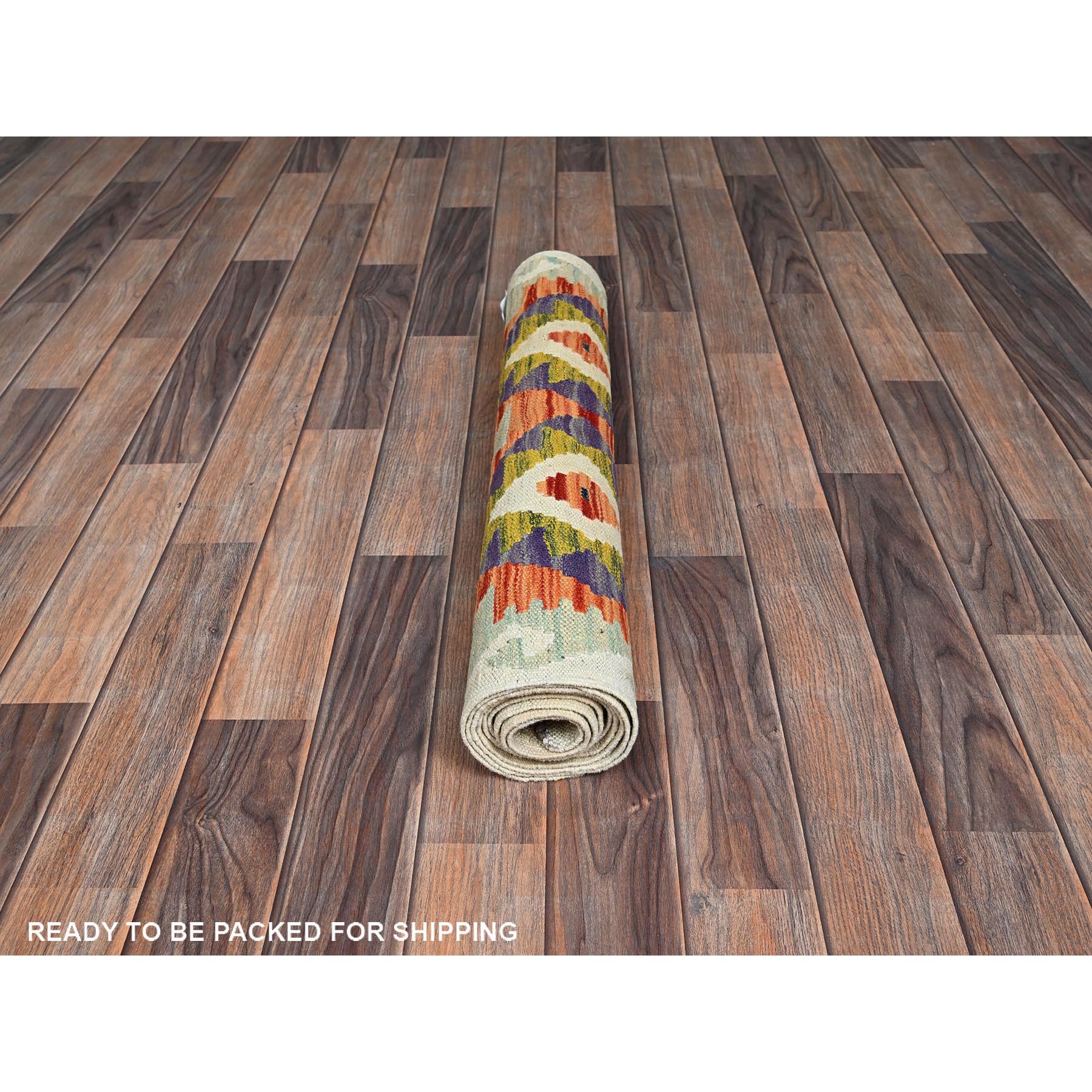 2'8"x8' Alabaster White, Afghan Kilim with Colorful Geometric Pattern, Vegetable Dyes, Pure Wool, Flat Weave, Hand Woven, Reversible, Runner, Oriental Rug Sh1222