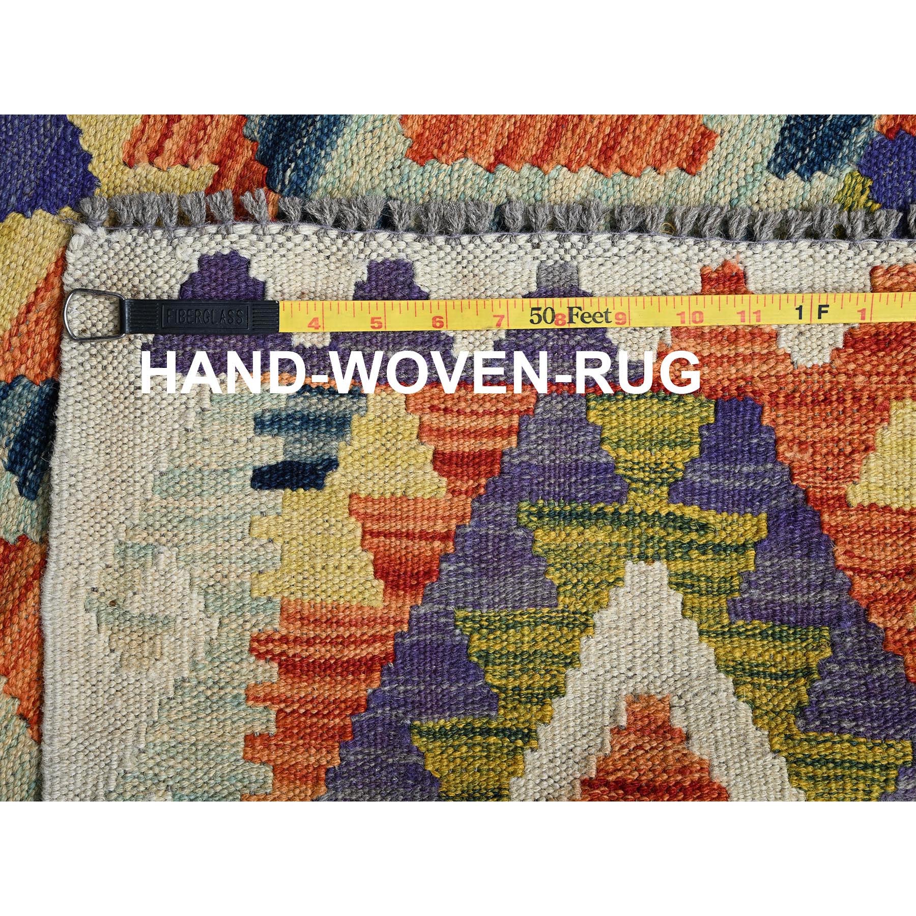 2'8"x8' Alabaster White, Afghan Kilim with Colorful Geometric Pattern, Vegetable Dyes, Pure Wool, Flat Weave, Hand Woven, Reversible, Runner, Oriental Rug Sh1222