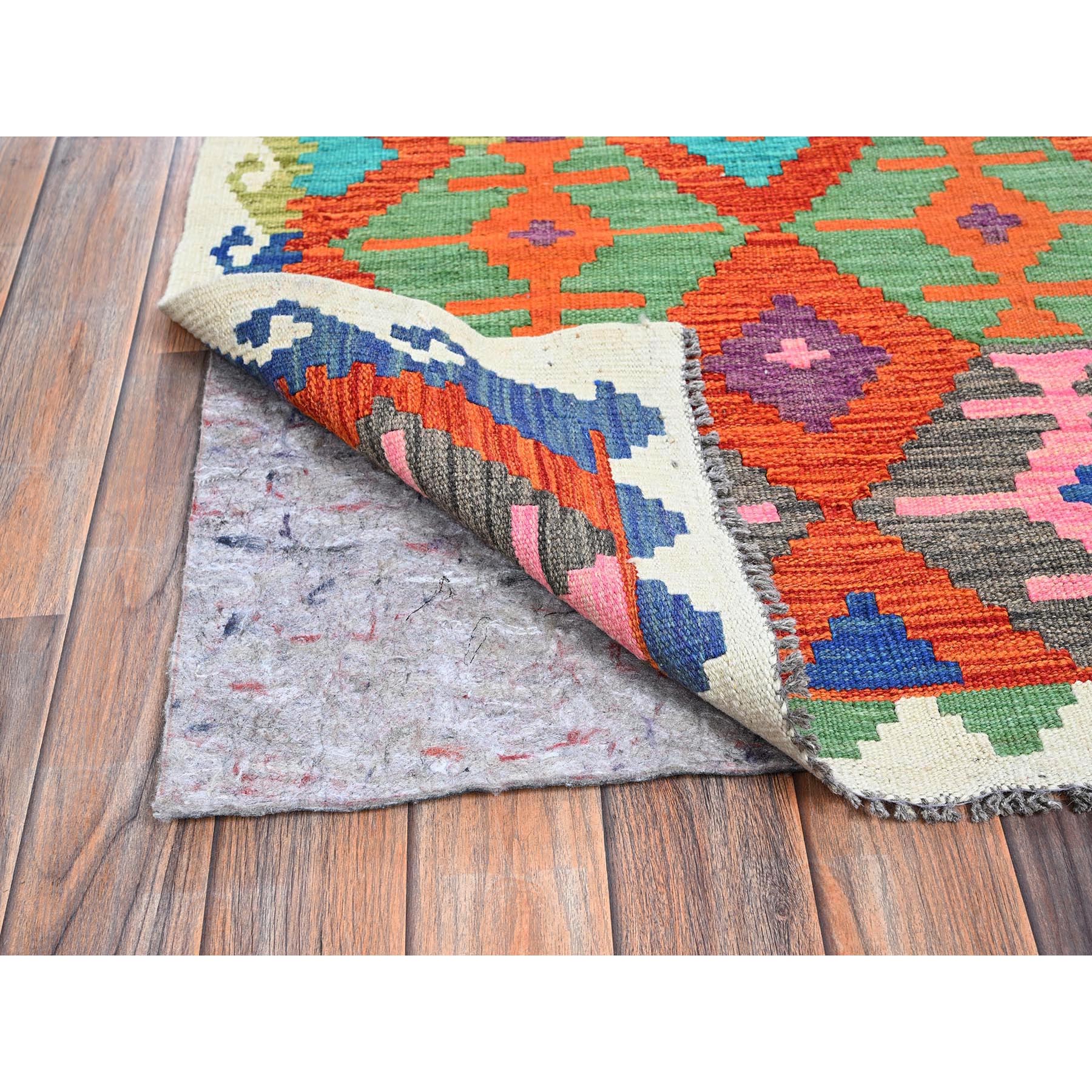 2'9"x15'10" Flame Orange, Afghan Kilim with Colorful Geometric Pattern, Vegetable Dyes, Pure Wool, Flat Weave, Hand Woven, Reversible, XL Runner, Oriental Rug Sh1226