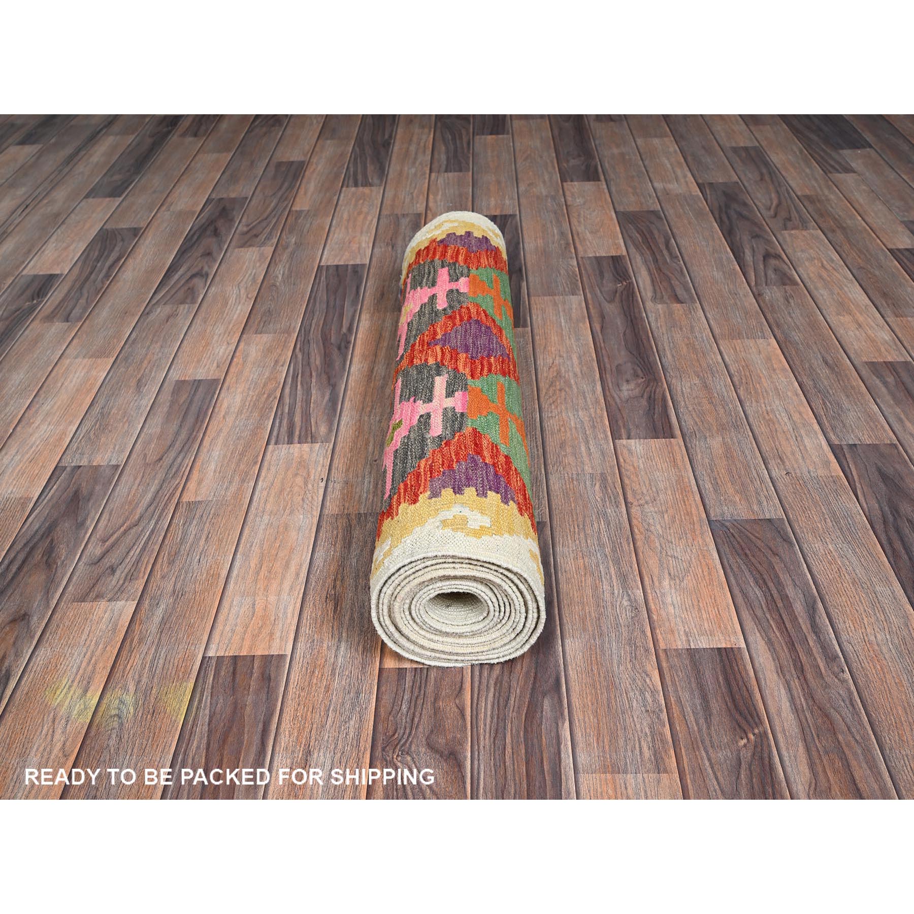2'9"x15'10" Flame Orange, Afghan Kilim with Colorful Geometric Pattern, Vegetable Dyes, Pure Wool, Flat Weave, Hand Woven, Reversible, XL Runner, Oriental Rug Sh1226