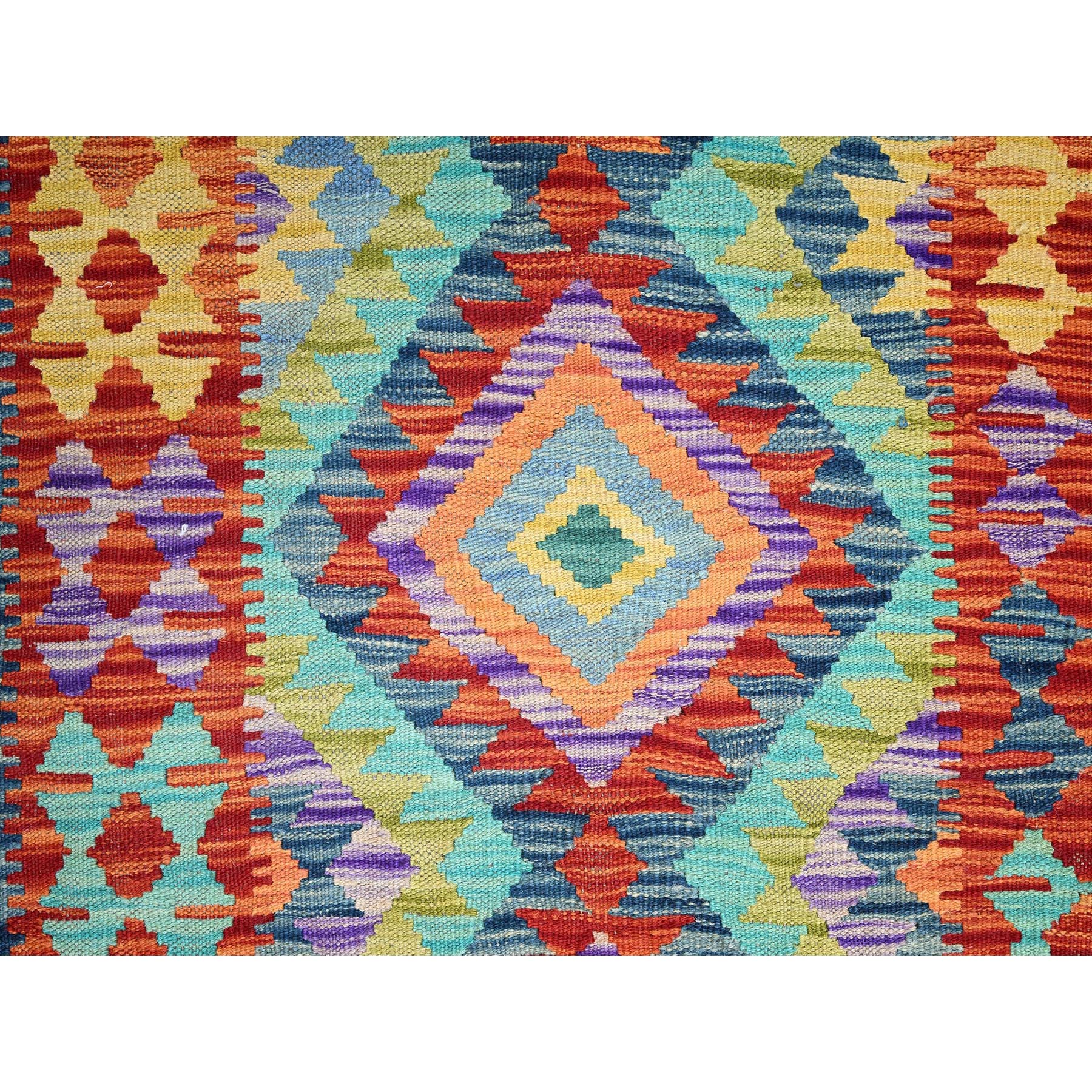 2'9"x12'9" Sapphire Blue, Flat Weave, Afghan Kilim with Colorful Geometric Pattern, Vegetable Dyes, Pure Wool, Hand Woven, Reversible, Runner, Oriental Rug Sh1227