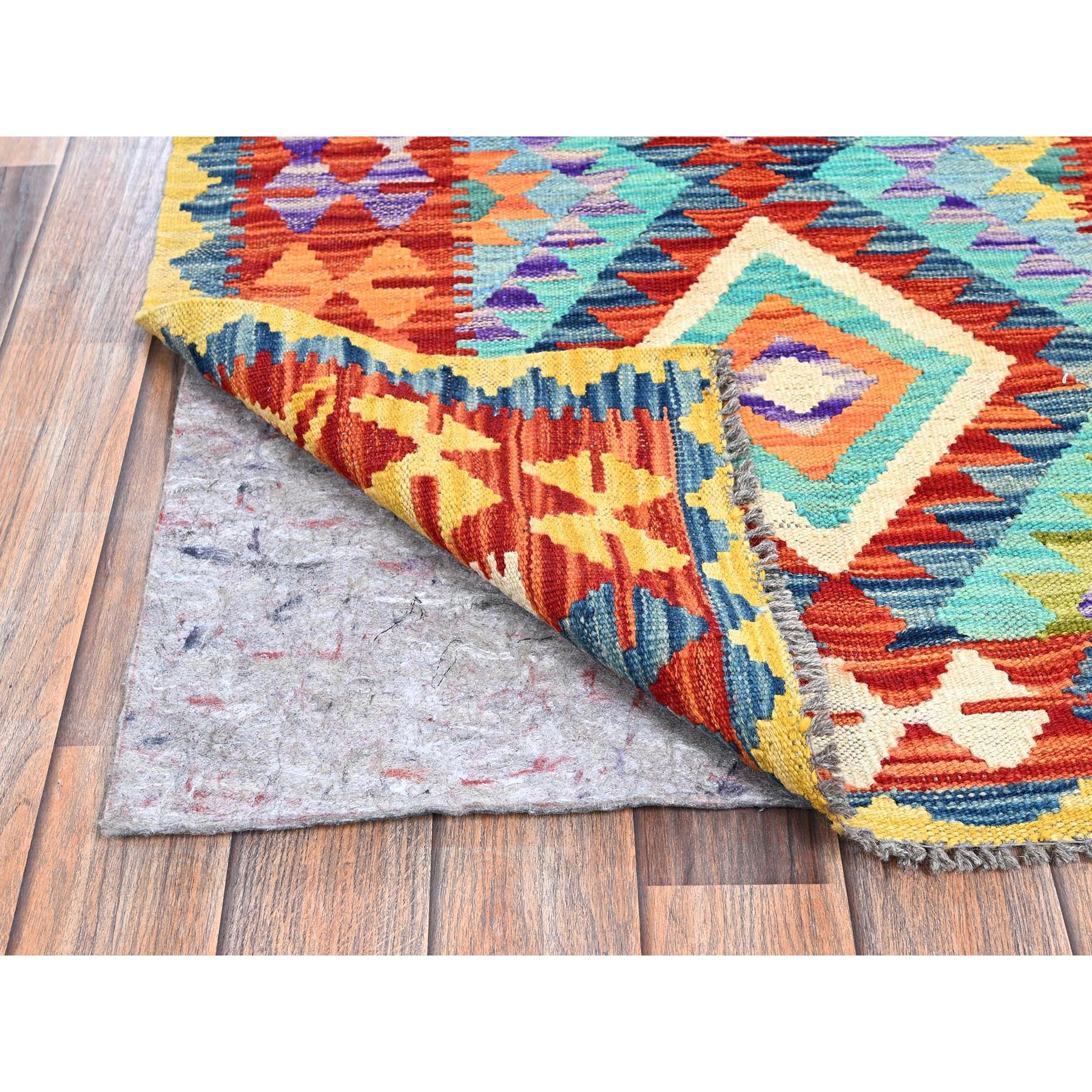2'9"x12'9" Sapphire Blue, Flat Weave, Afghan Kilim with Colorful Geometric Pattern, Vegetable Dyes, Pure Wool, Hand Woven, Reversible, Runner, Oriental Rug Sh1227