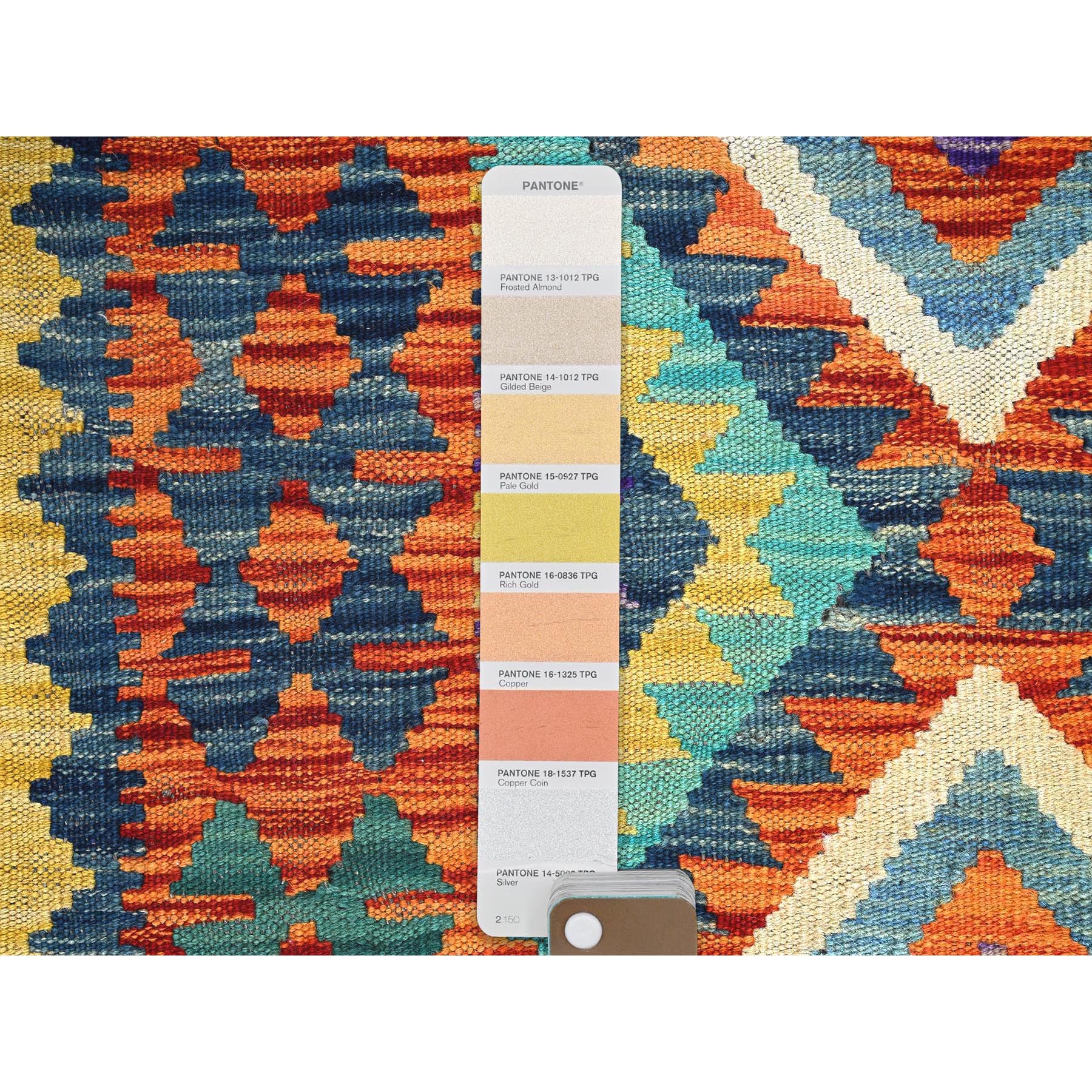 2'9"x12'9" Sapphire Blue, Flat Weave, Afghan Kilim with Colorful Geometric Pattern, Vegetable Dyes, Pure Wool, Hand Woven, Reversible, Runner, Oriental Rug Sh1227