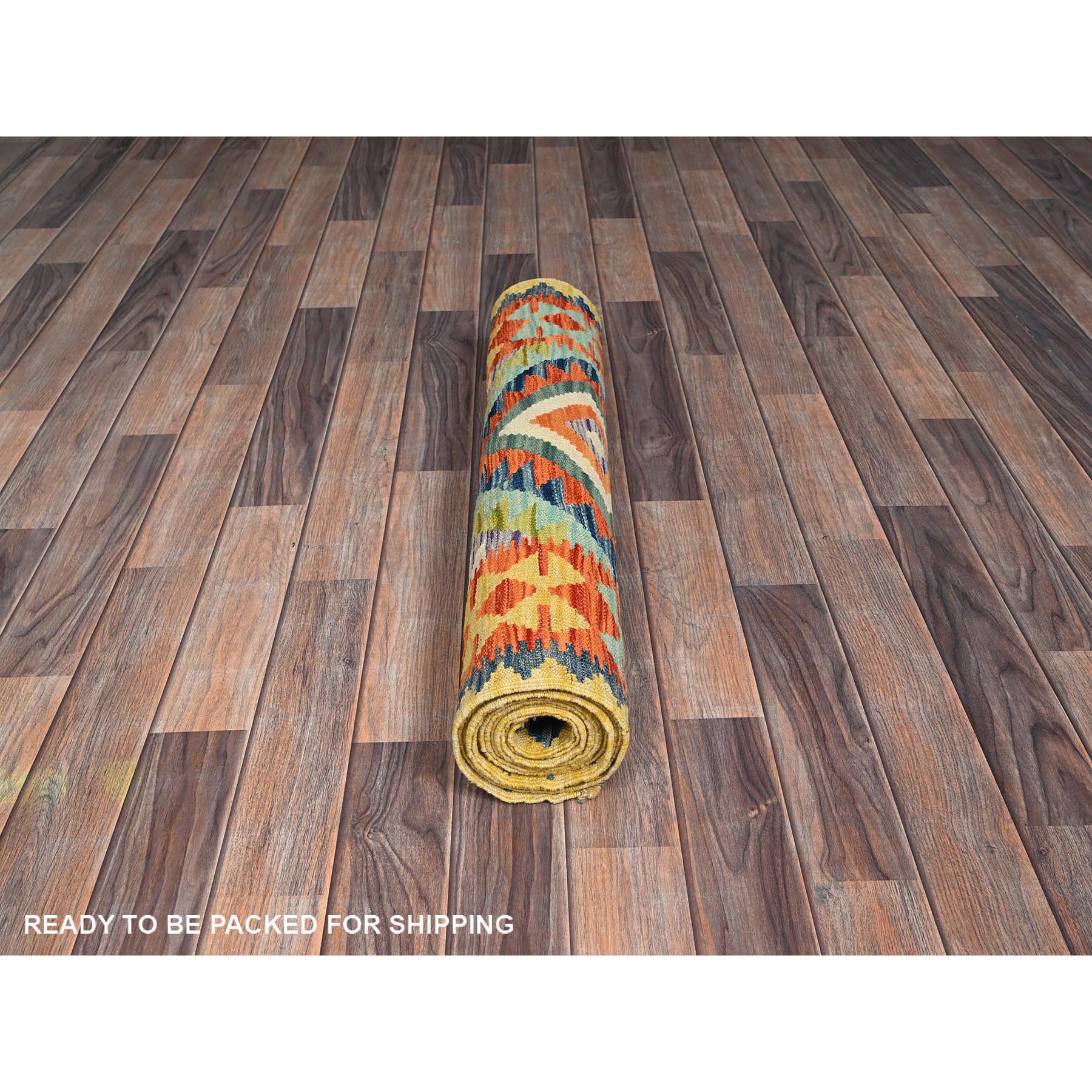 2'9"x12'9" Sapphire Blue, Flat Weave, Afghan Kilim with Colorful Geometric Pattern, Vegetable Dyes, Pure Wool, Hand Woven, Reversible, Runner, Oriental Rug Sh1227