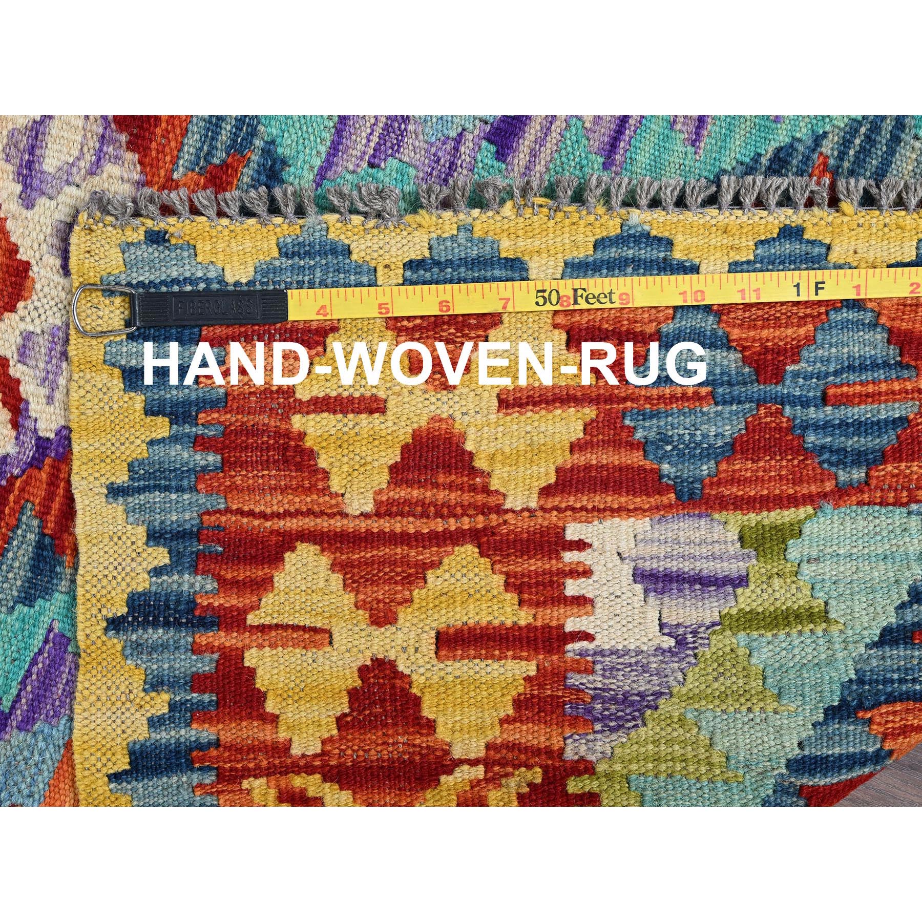 2'9"x12'9" Sapphire Blue, Flat Weave, Afghan Kilim with Colorful Geometric Pattern, Vegetable Dyes, Pure Wool, Hand Woven, Reversible, Runner, Oriental Rug Sh1227