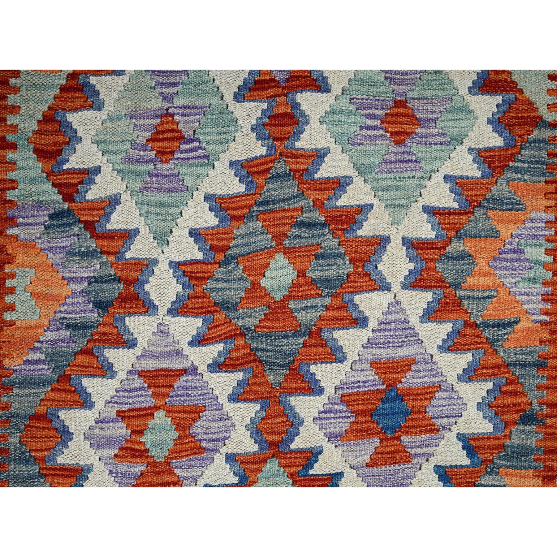 2'10"x13'1" Brick Red, Afghan Kilim with Colorful Serrated Geometric Pattern, Vegetable Dyes, Pure Wool, Flat Weave, Hand Woven, Reversible, Runner, Oriental Rug Sh1229