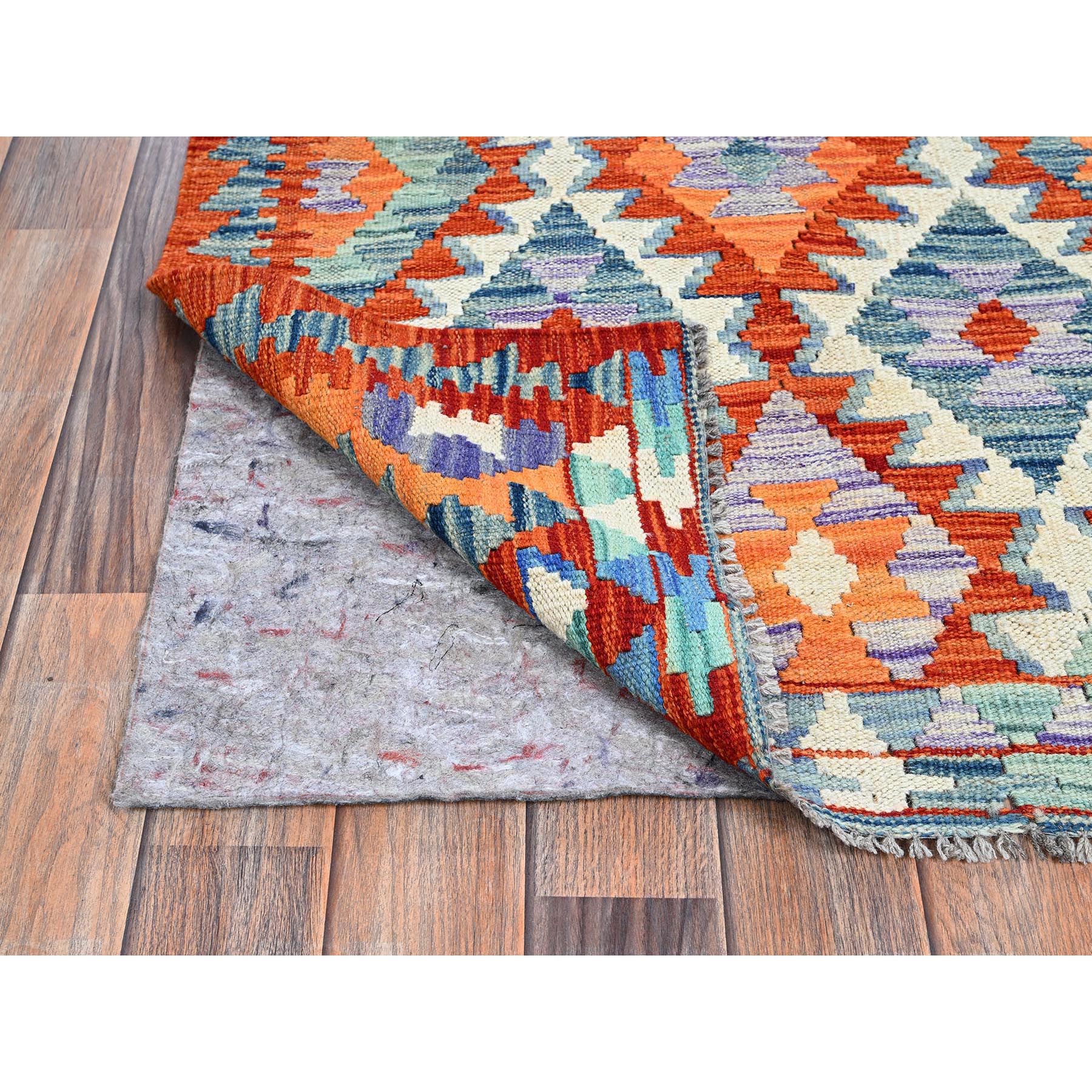 2'10"x13'1" Brick Red, Afghan Kilim with Colorful Serrated Geometric Pattern, Vegetable Dyes, Pure Wool, Flat Weave, Hand Woven, Reversible, Runner, Oriental Rug Sh1229