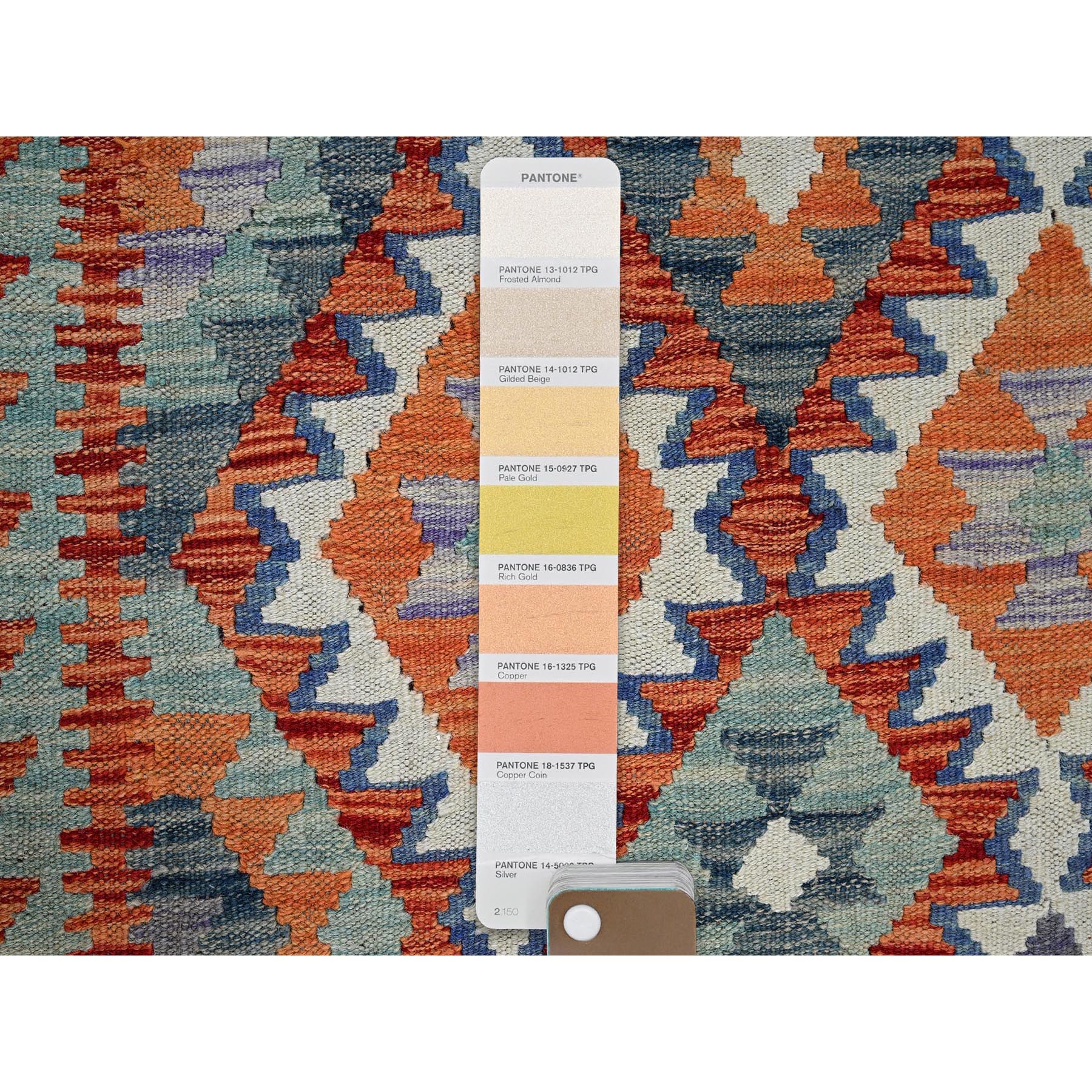 2'10"x13'1" Brick Red, Afghan Kilim with Colorful Serrated Geometric Pattern, Vegetable Dyes, Pure Wool, Flat Weave, Hand Woven, Reversible, Runner, Oriental Rug Sh1229