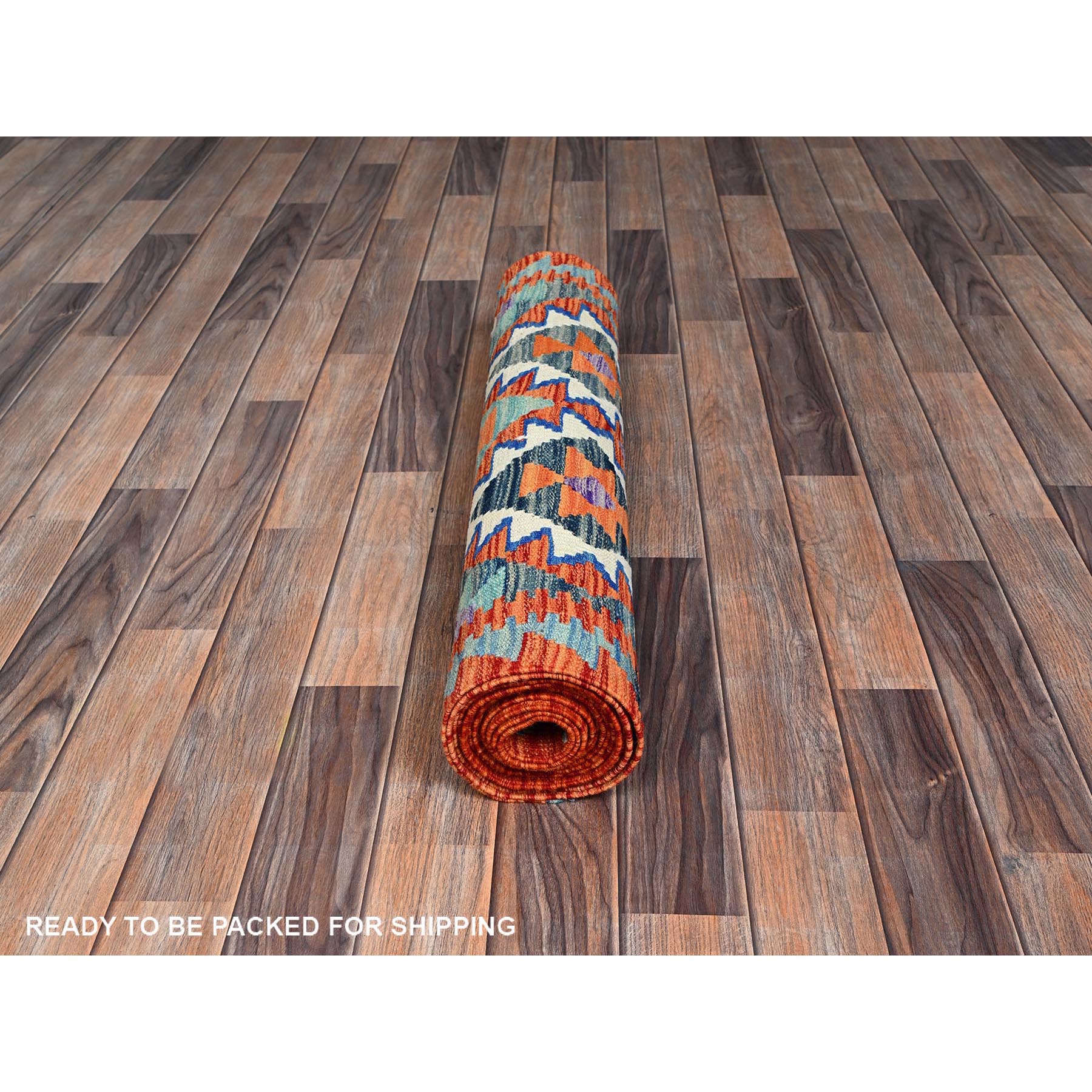 2'10"x13'1" Brick Red, Afghan Kilim with Colorful Serrated Geometric Pattern, Vegetable Dyes, Pure Wool, Flat Weave, Hand Woven, Reversible, Runner, Oriental Rug Sh1229