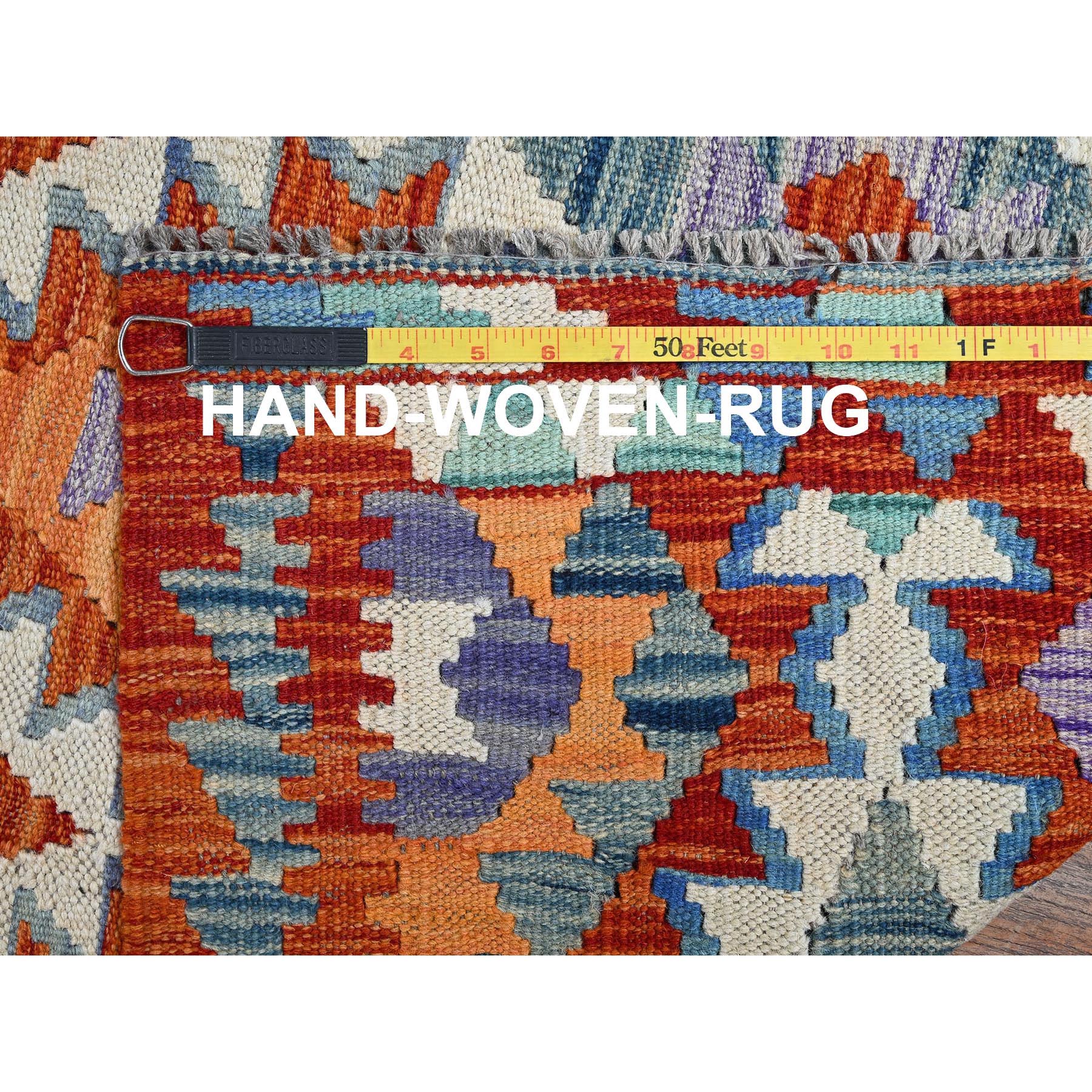2'10"x13'1" Brick Red, Afghan Kilim with Colorful Serrated Geometric Pattern, Vegetable Dyes, Pure Wool, Flat Weave, Hand Woven, Reversible, Runner, Oriental Rug Sh1229