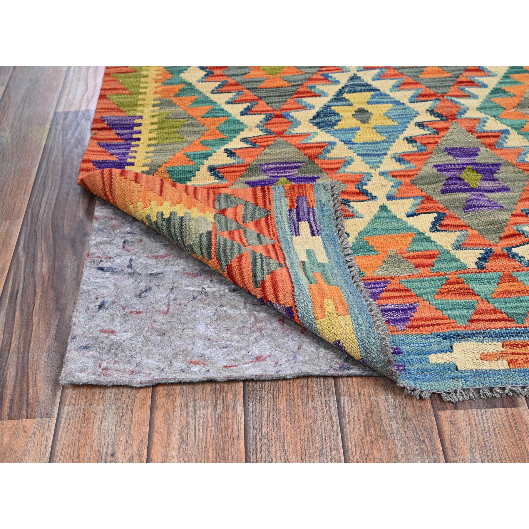 2'8"x12'6" Colorful, Flat Weave, Afghan Kilim with Geometric Pattern, Vegetable Dyes, 100% Wool, Hand Woven, Reversible, Runner, Oriental Rug Sh1230