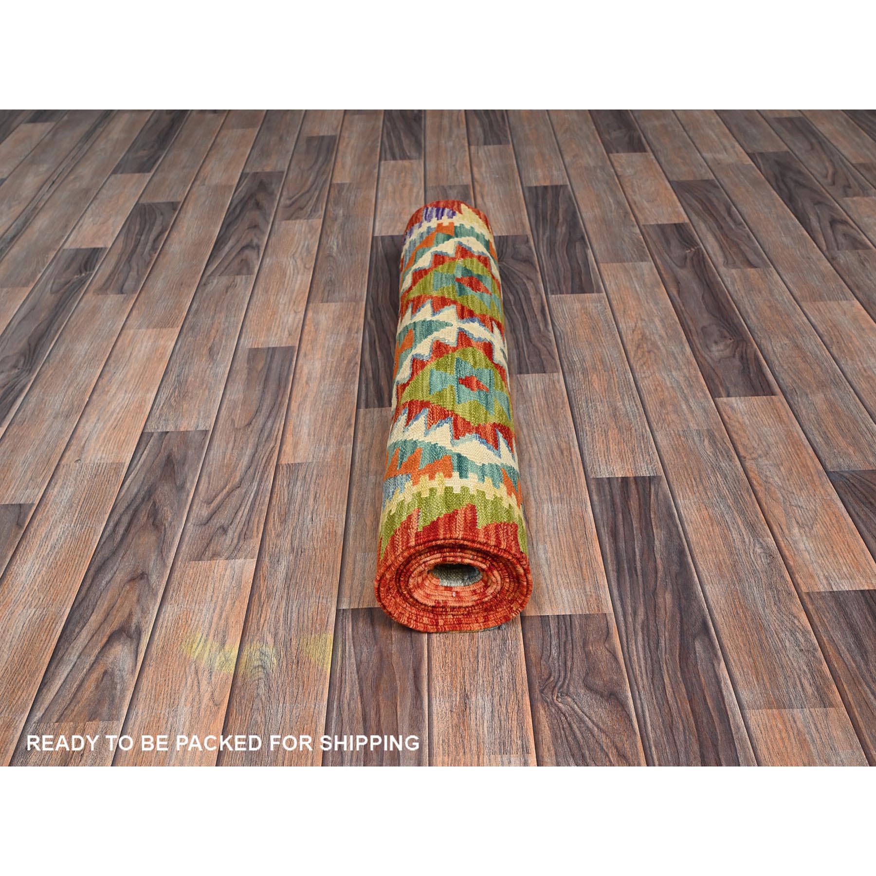 2'8"x12'6" Colorful, Flat Weave, Afghan Kilim with Geometric Pattern, Vegetable Dyes, 100% Wool, Hand Woven, Reversible, Runner, Oriental Rug Sh1230