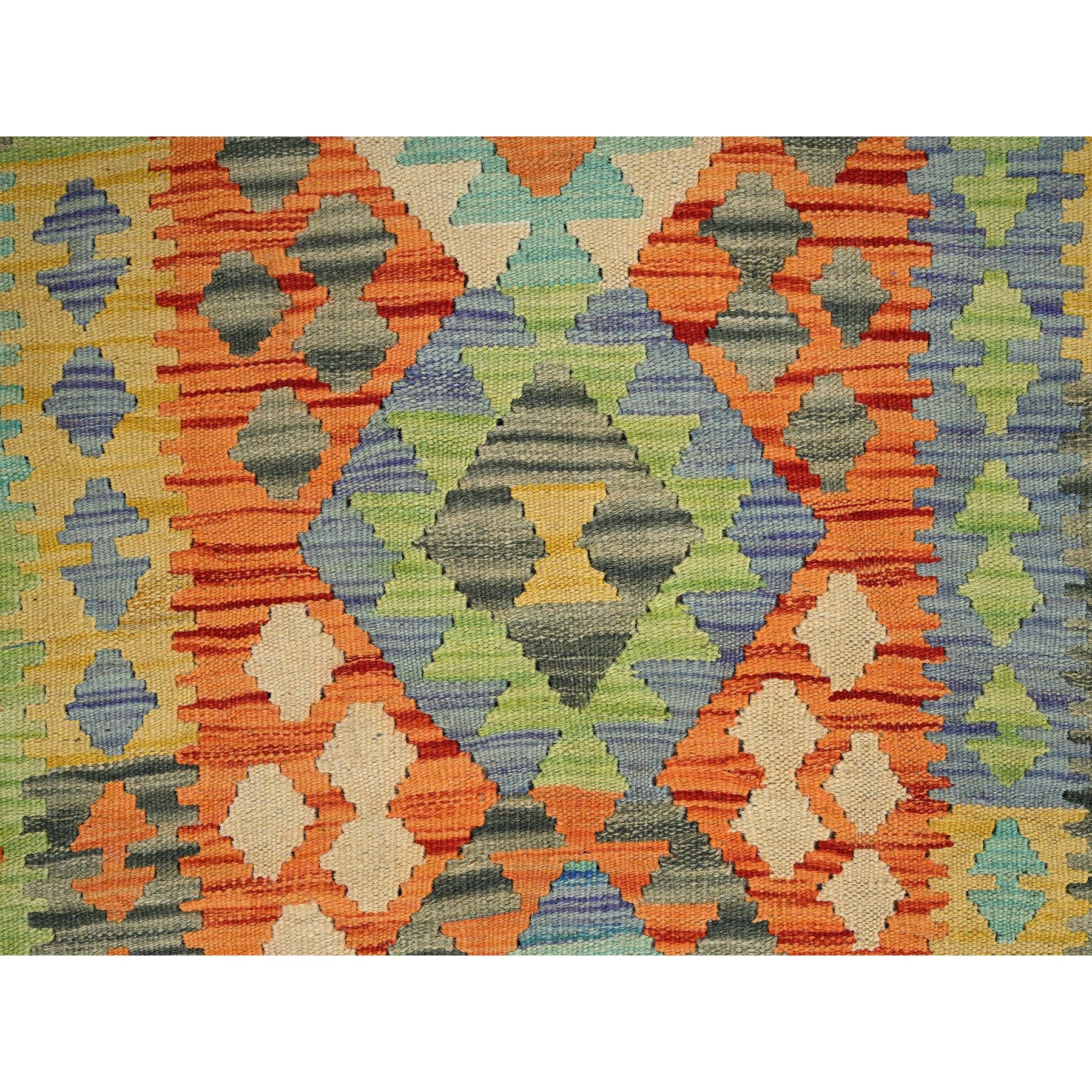 2'9"x12'8" Vivid Orange, Afghan Kilim with Colorful Geometric Pattern, Vegetable Dyes, Pure Wool, Hand Woven, Flat Weave, Reversible, Runner, Oriental Rug Sh1231