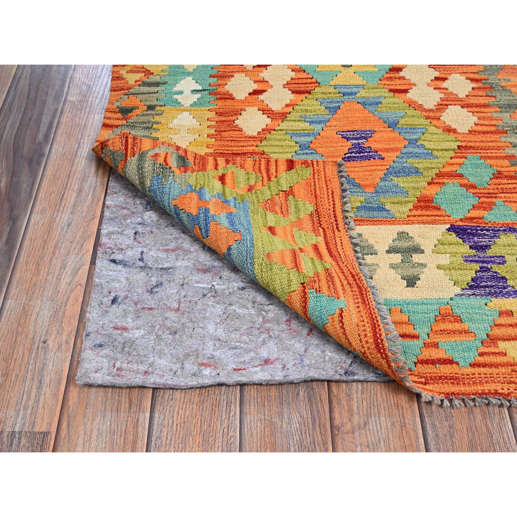 2'9"x12'8" Vivid Orange, Afghan Kilim with Colorful Geometric Pattern, Vegetable Dyes, Pure Wool, Hand Woven, Flat Weave, Reversible, Runner, Oriental Rug Sh1231