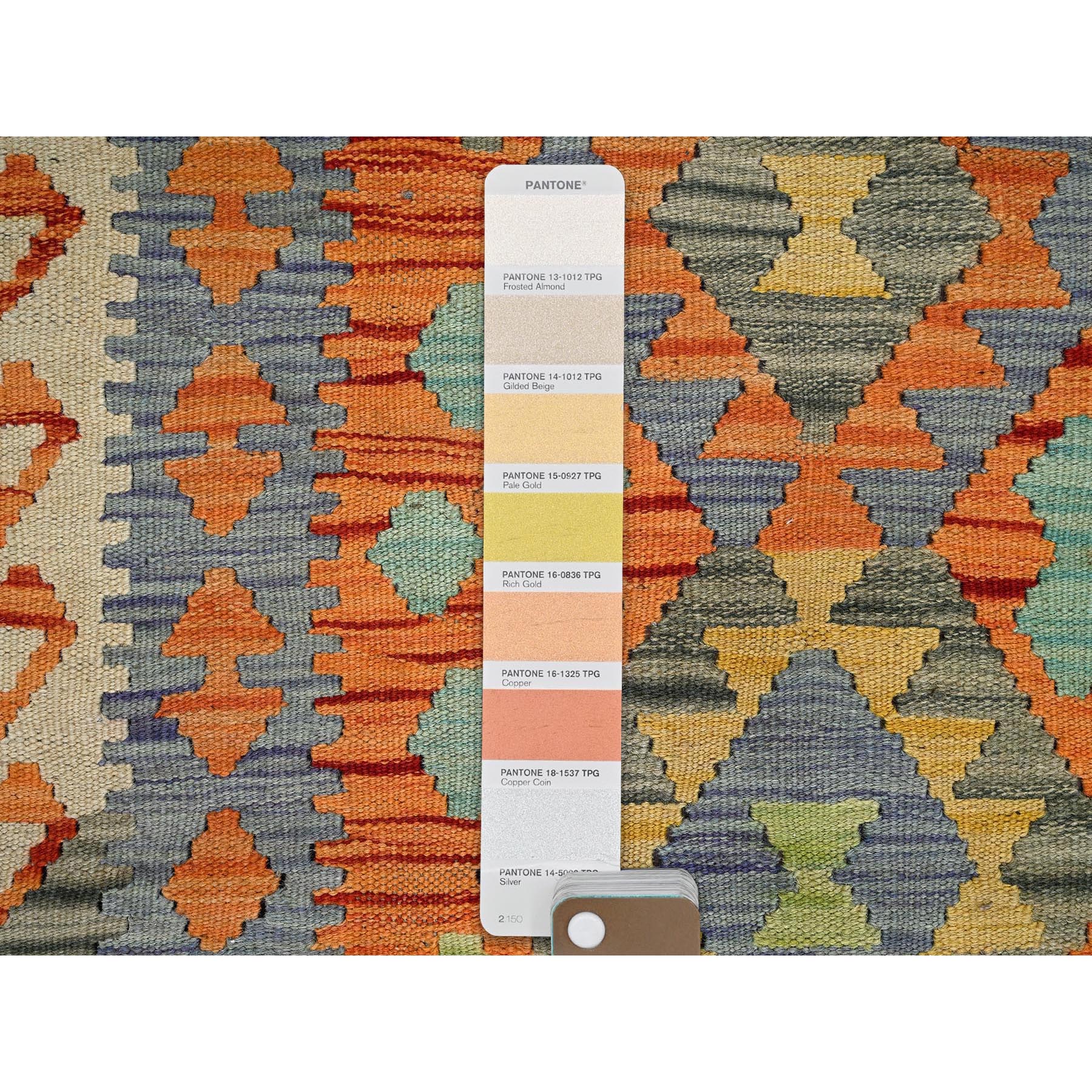 2'9"x12'8" Vivid Orange, Afghan Kilim with Colorful Geometric Pattern, Vegetable Dyes, Pure Wool, Hand Woven, Flat Weave, Reversible, Runner, Oriental Rug Sh1231