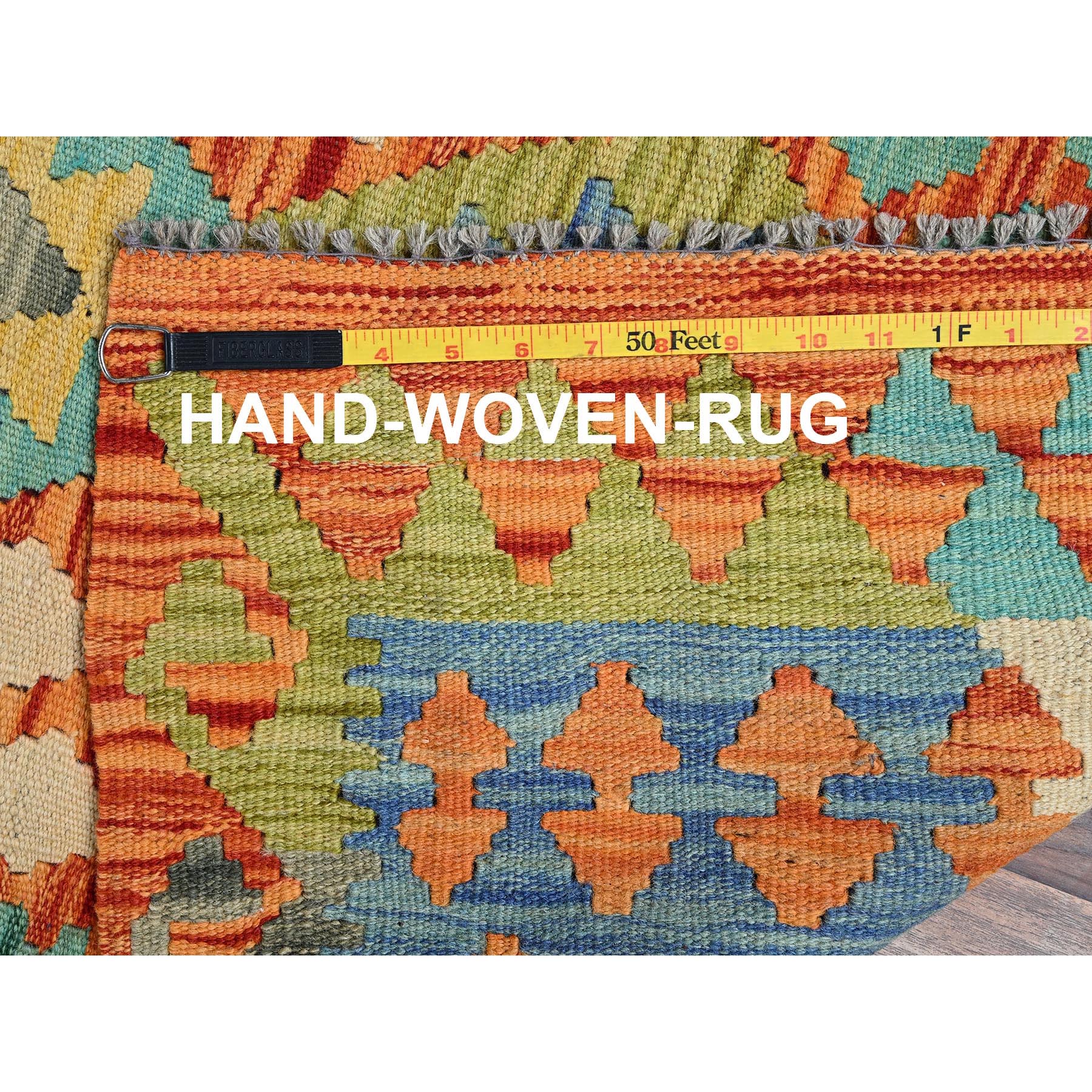 2'9"x12'8" Vivid Orange, Afghan Kilim with Colorful Geometric Pattern, Vegetable Dyes, Pure Wool, Hand Woven, Flat Weave, Reversible, Runner, Oriental Rug Sh1231