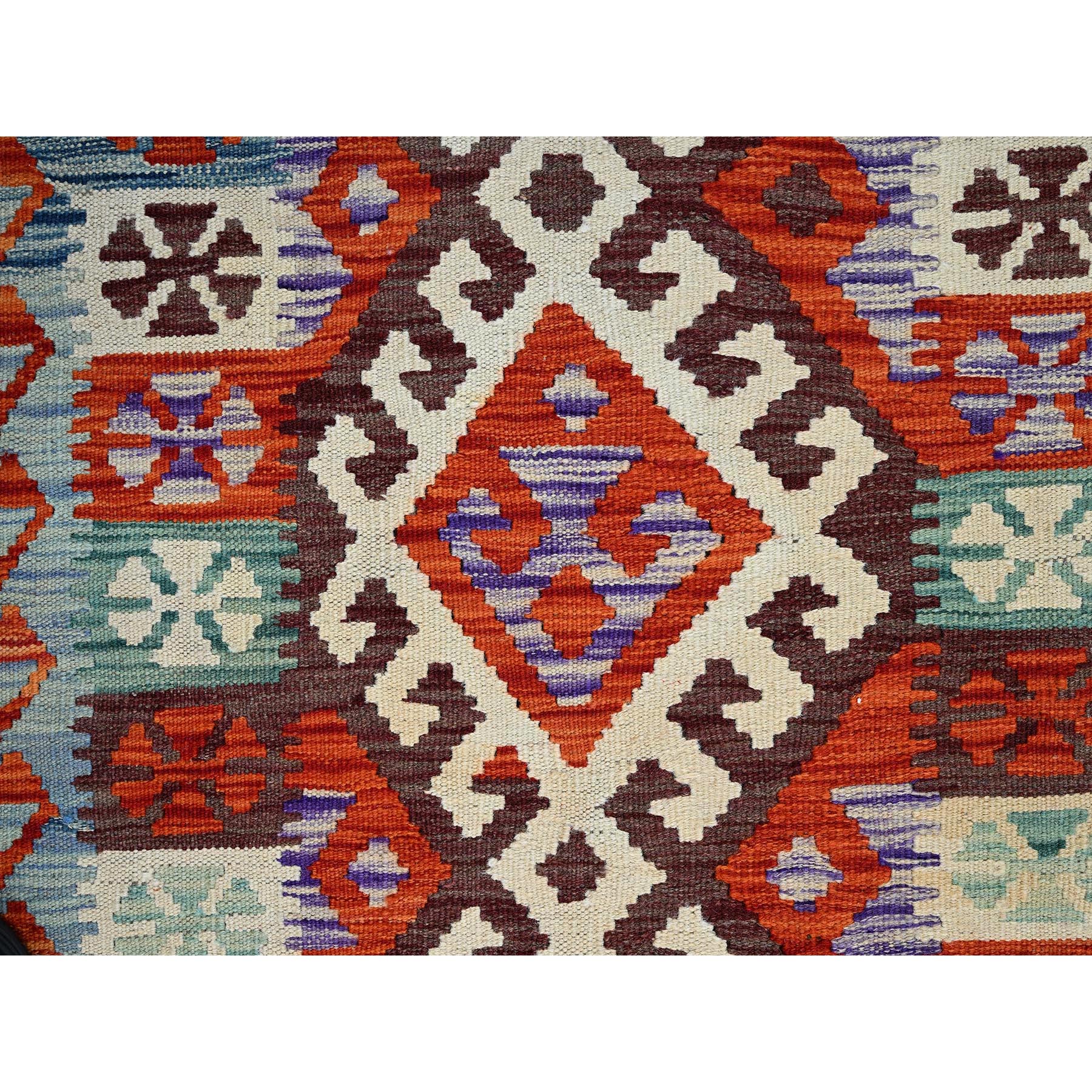 2'9"x12'8" Alabaster White, Flat Weave, Afghan Kilim with Colorful Geometric Pattern, 100% Wool, Vegetable Dyes, Hand Woven, Reversible, Runner, Oriental Rug Sh1234