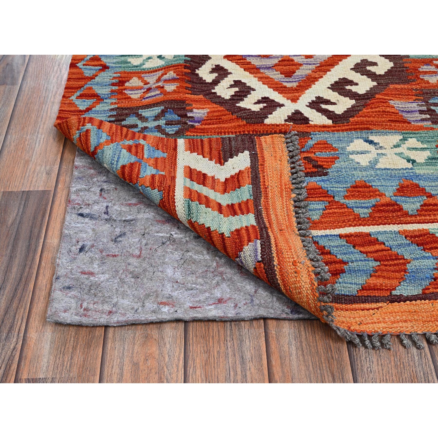 2'9"x12'8" Alabaster White, Flat Weave, Afghan Kilim with Colorful Geometric Pattern, 100% Wool, Vegetable Dyes, Hand Woven, Reversible, Runner, Oriental Rug Sh1234