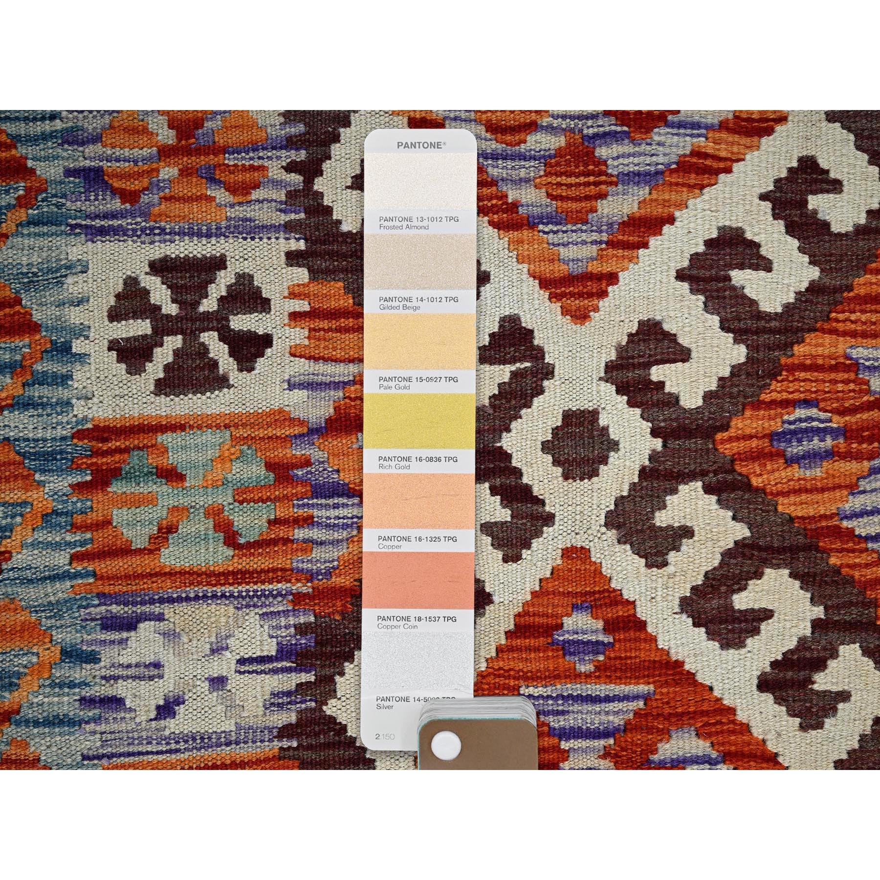 2'9"x12'8" Alabaster White, Flat Weave, Afghan Kilim with Colorful Geometric Pattern, 100% Wool, Vegetable Dyes, Hand Woven, Reversible, Runner, Oriental Rug Sh1234