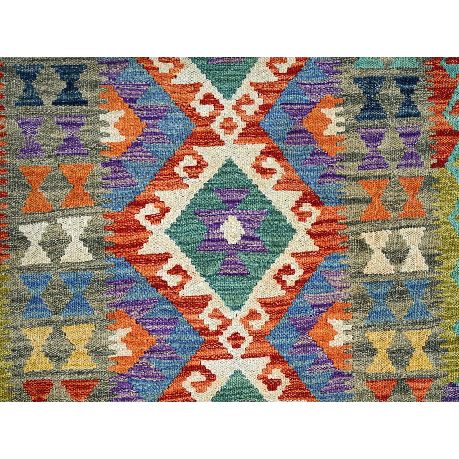2'8"x13'2" Ruddy Blue, Flat Weave, Afghan Kilim with Colorful Geometric Pattern, 100% Wool, Vegetable Dyes, Hand Woven, Reversible, Runner, Oriental Rug Sh1235