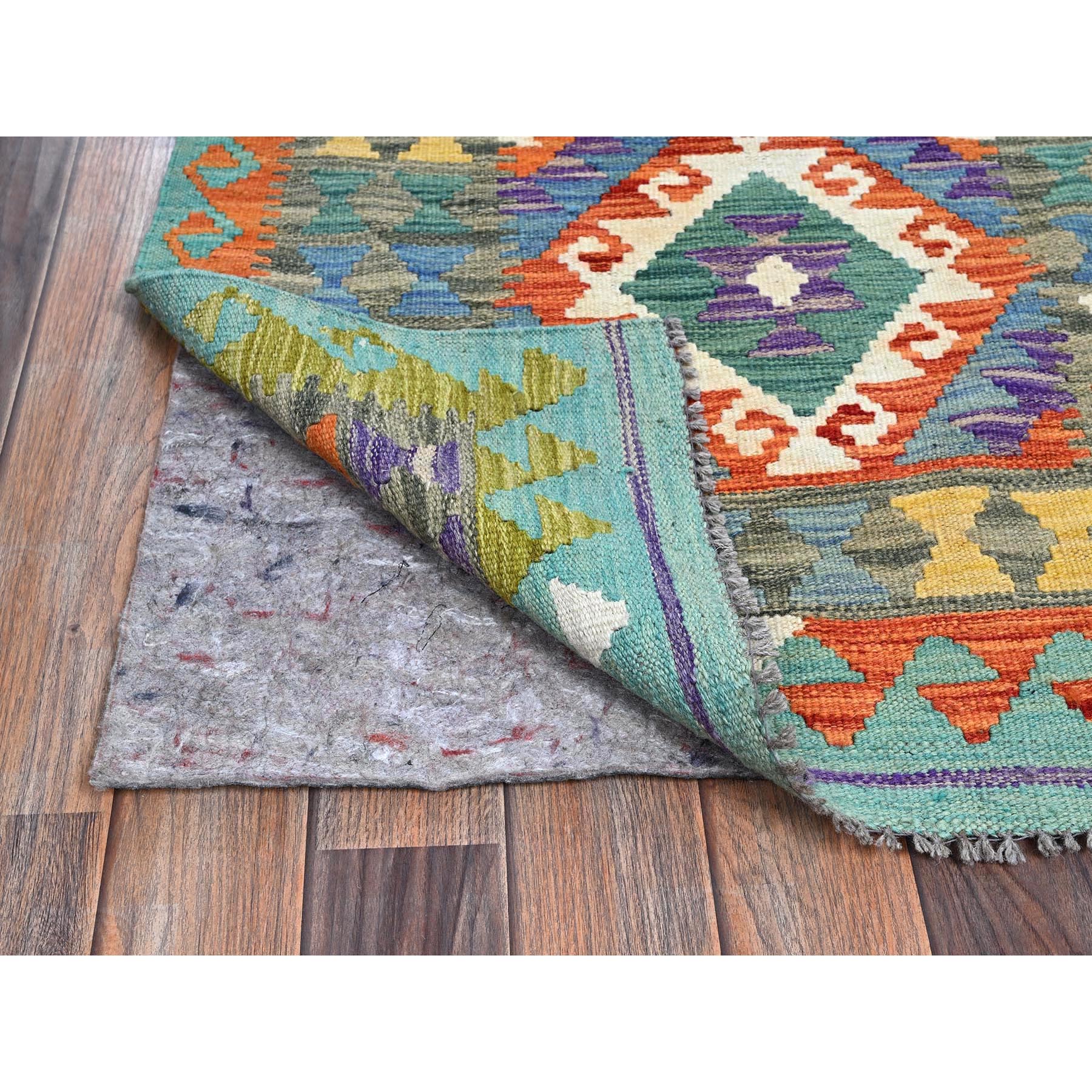 2'8"x13'2" Ruddy Blue, Flat Weave, Afghan Kilim with Colorful Geometric Pattern, 100% Wool, Vegetable Dyes, Hand Woven, Reversible, Runner, Oriental Rug Sh1235