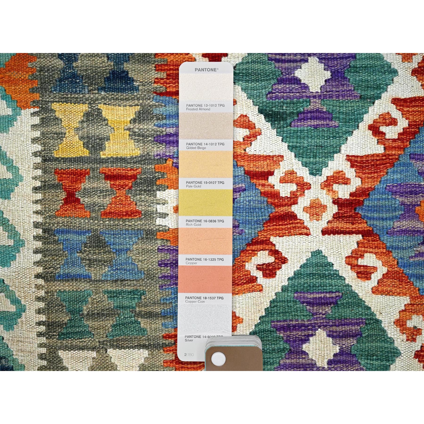 2'8"x13'2" Ruddy Blue, Flat Weave, Afghan Kilim with Colorful Geometric Pattern, 100% Wool, Vegetable Dyes, Hand Woven, Reversible, Runner, Oriental Rug Sh1235