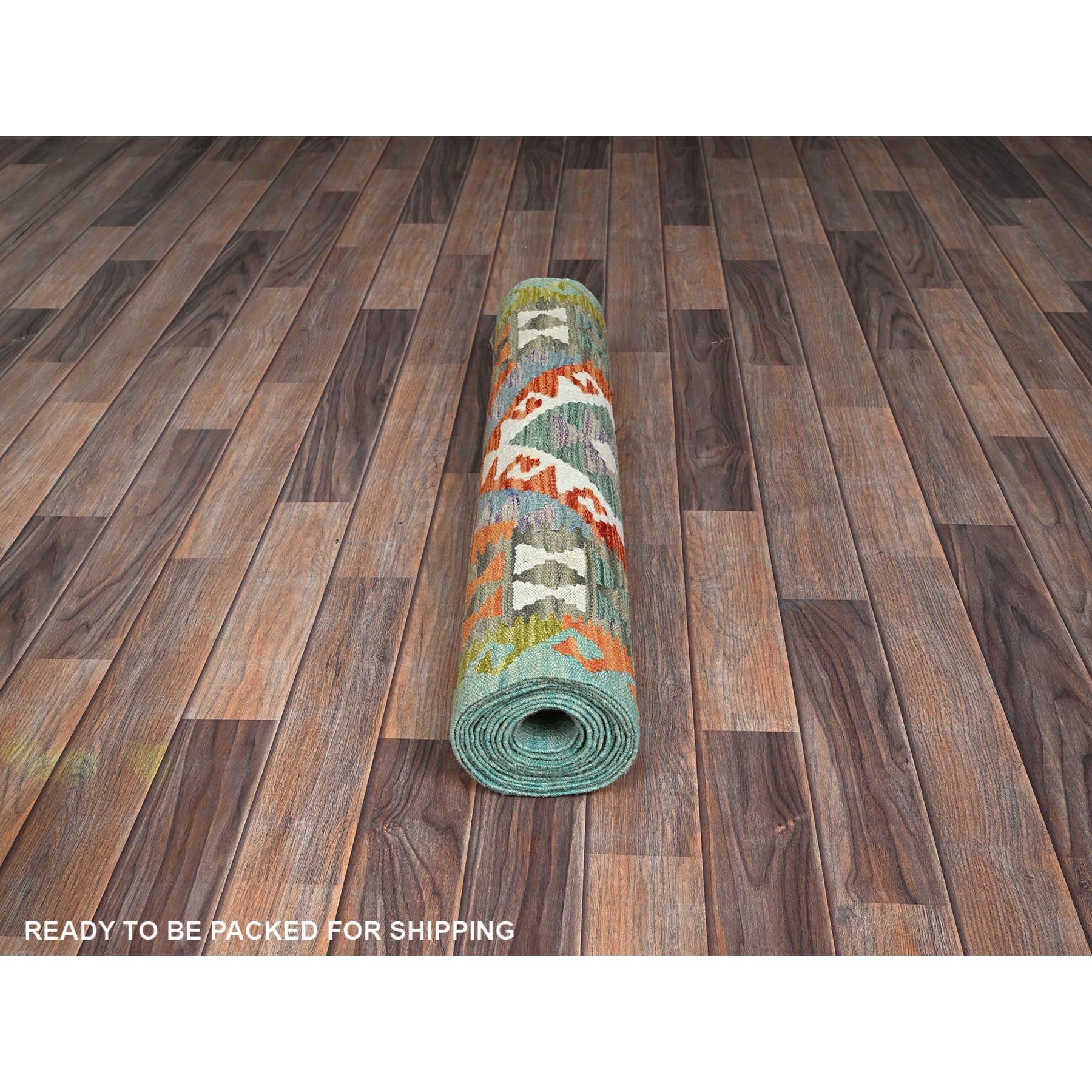 2'8"x13'2" Ruddy Blue, Flat Weave, Afghan Kilim with Colorful Geometric Pattern, 100% Wool, Vegetable Dyes, Hand Woven, Reversible, Runner, Oriental Rug Sh1235