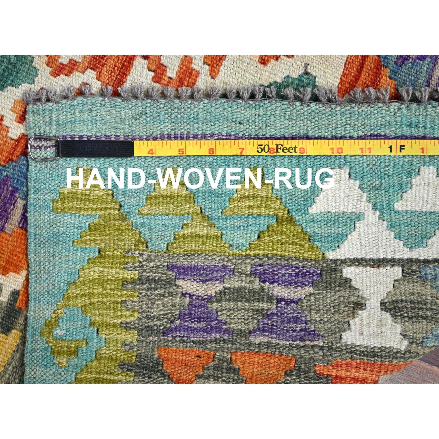 2'8"x13'2" Ruddy Blue, Flat Weave, Afghan Kilim with Colorful Geometric Pattern, 100% Wool, Vegetable Dyes, Hand Woven, Reversible, Runner, Oriental Rug Sh1235