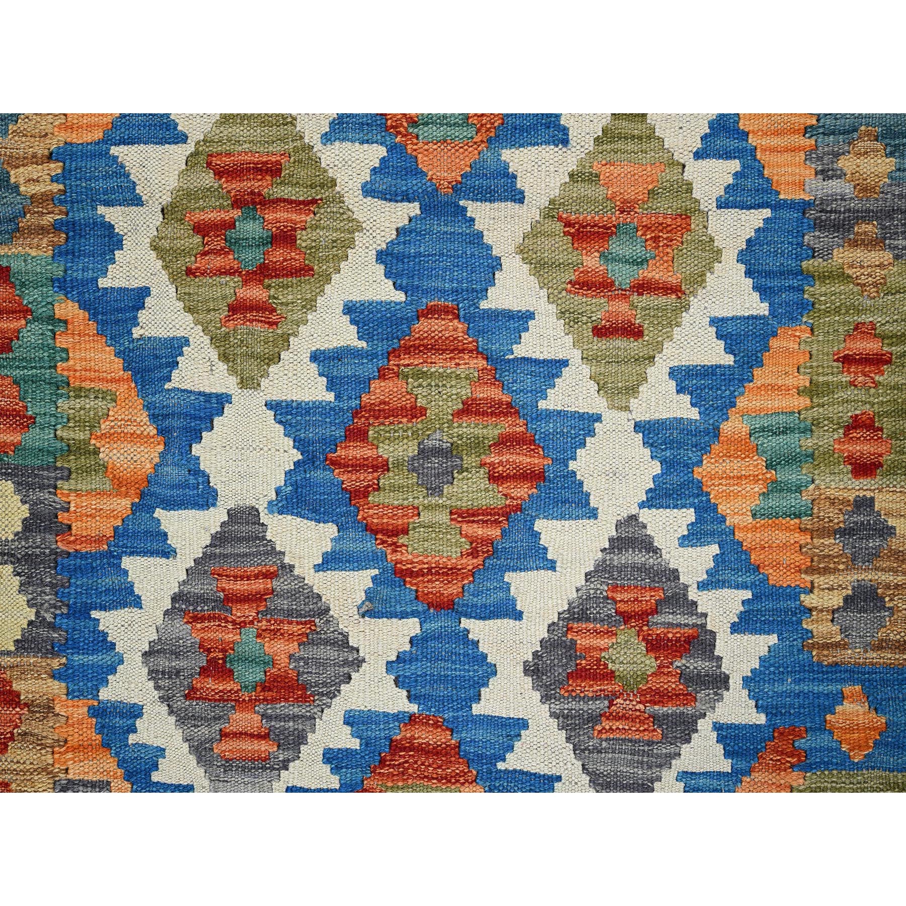 2'10"x8'3" Bayern Blue, Flat Weave, Afghan Kilim with Colorful Geometric Pattern, Vegetable Dyes, Hand Woven, Pure Wool, Reversible, Runner, Oriental Rug Sh1236