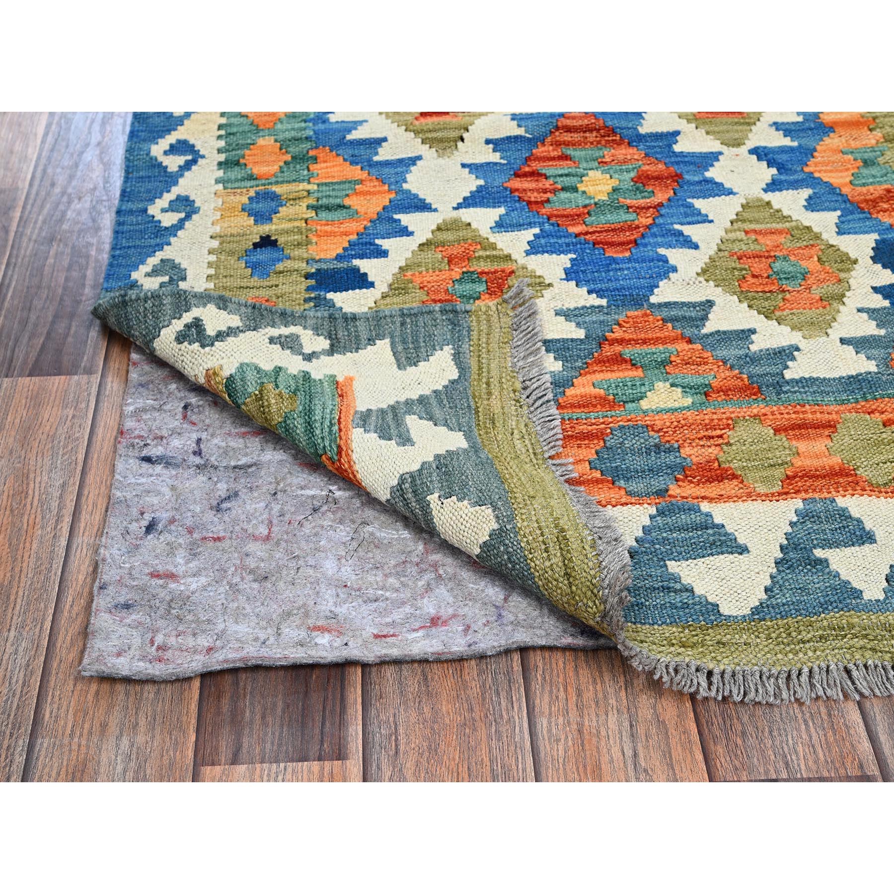 2'10"x8'3" Bayern Blue, Flat Weave, Afghan Kilim with Colorful Geometric Pattern, Vegetable Dyes, Hand Woven, Pure Wool, Reversible, Runner, Oriental Rug Sh1236