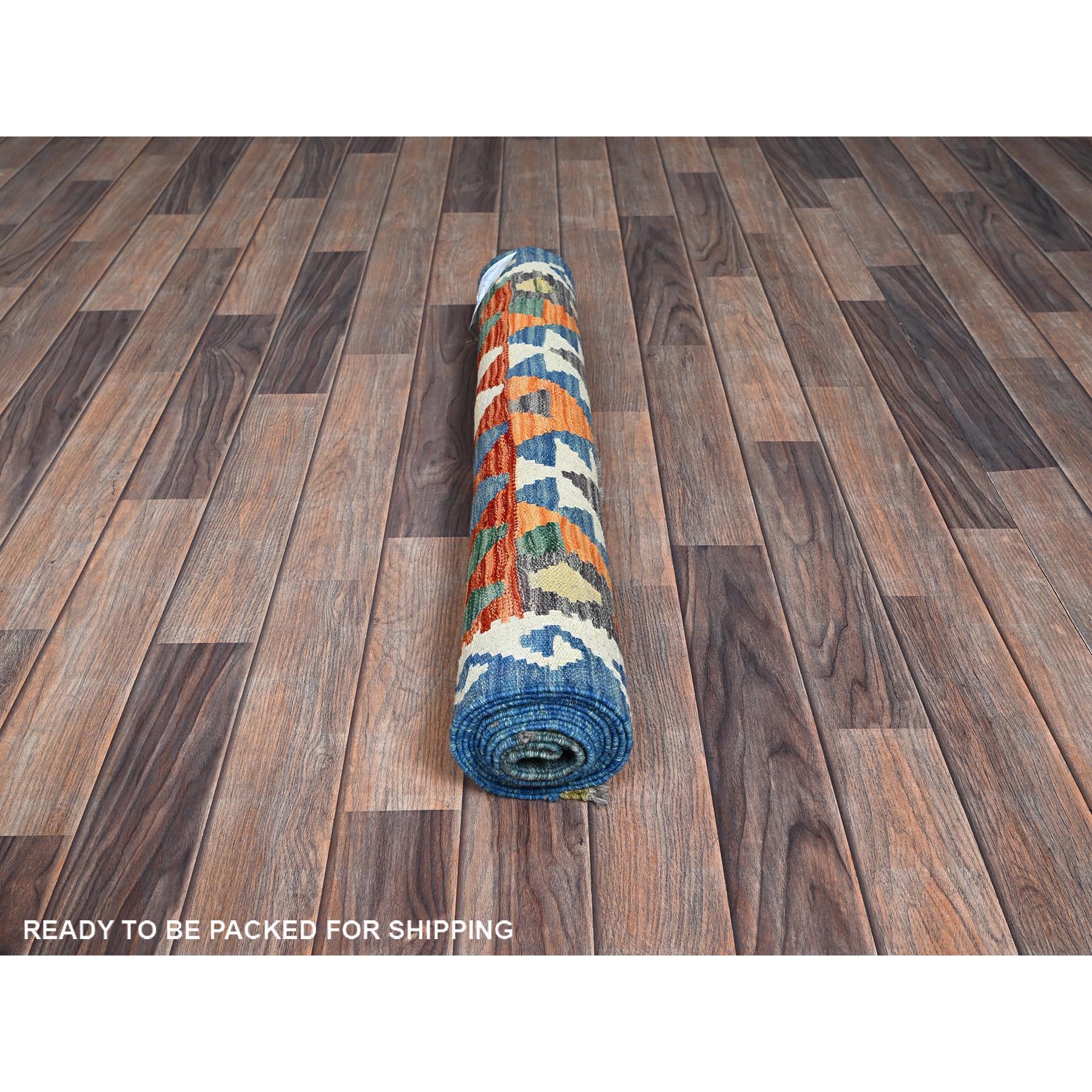 2'10"x8'3" Bayern Blue, Flat Weave, Afghan Kilim with Colorful Geometric Pattern, Vegetable Dyes, Hand Woven, Pure Wool, Reversible, Runner, Oriental Rug Sh1236