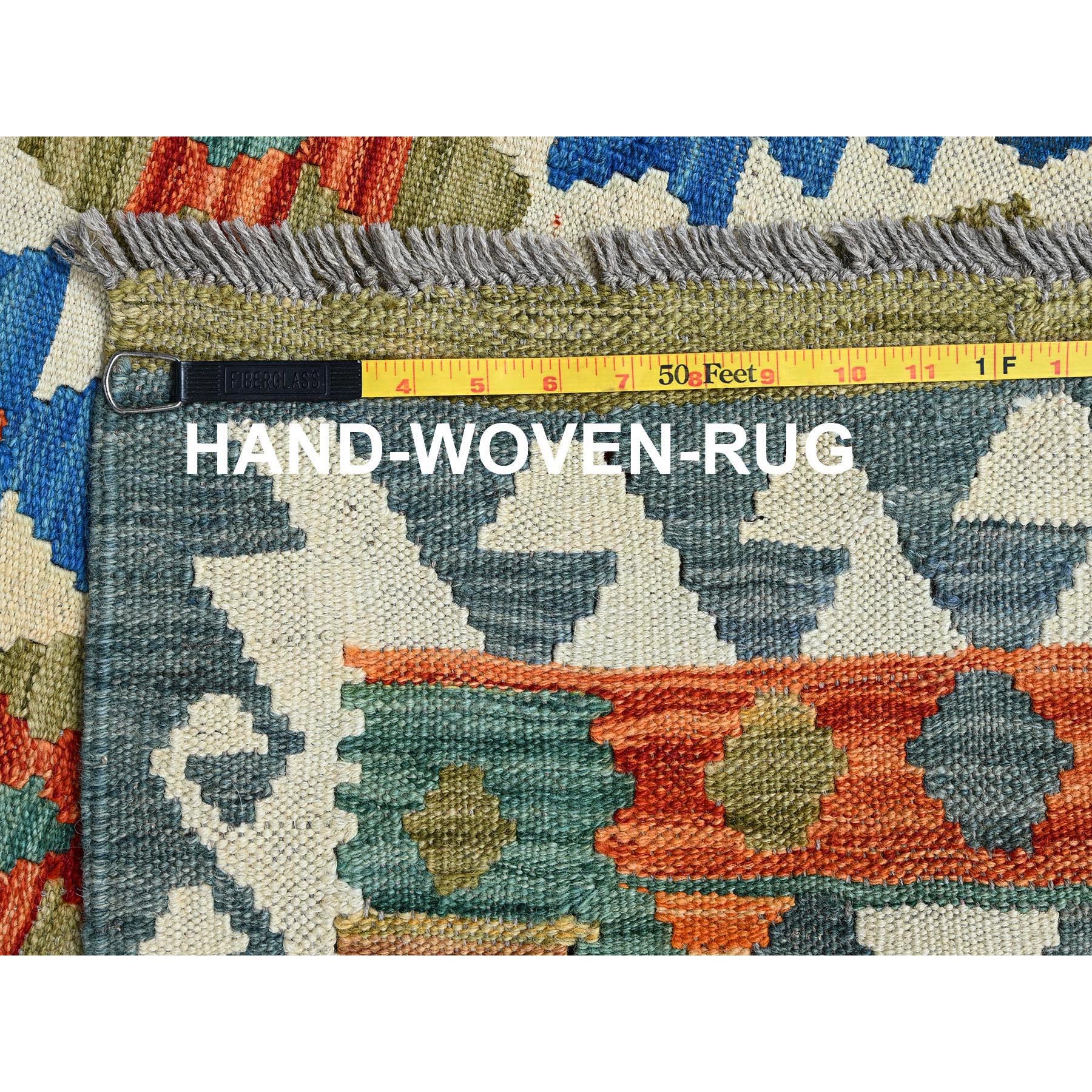 2'10"x8'3" Bayern Blue, Flat Weave, Afghan Kilim with Colorful Geometric Pattern, Vegetable Dyes, Hand Woven, Pure Wool, Reversible, Runner, Oriental Rug Sh1236
