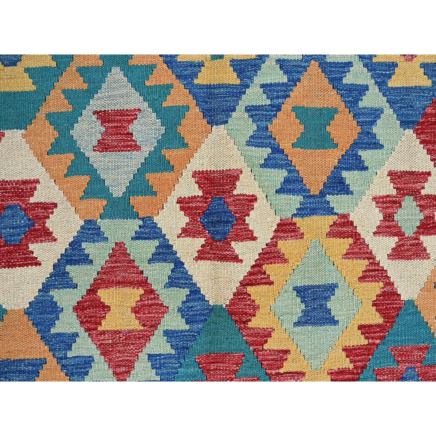 6'9"x9'8" Bayern Blue, Afghan Kilim with Colorful Geometric Pattern, Vegetable Dyes, Pure Wool, Hand Woven, Flat Weave, Reversible, Oriental Rug Sh1238
