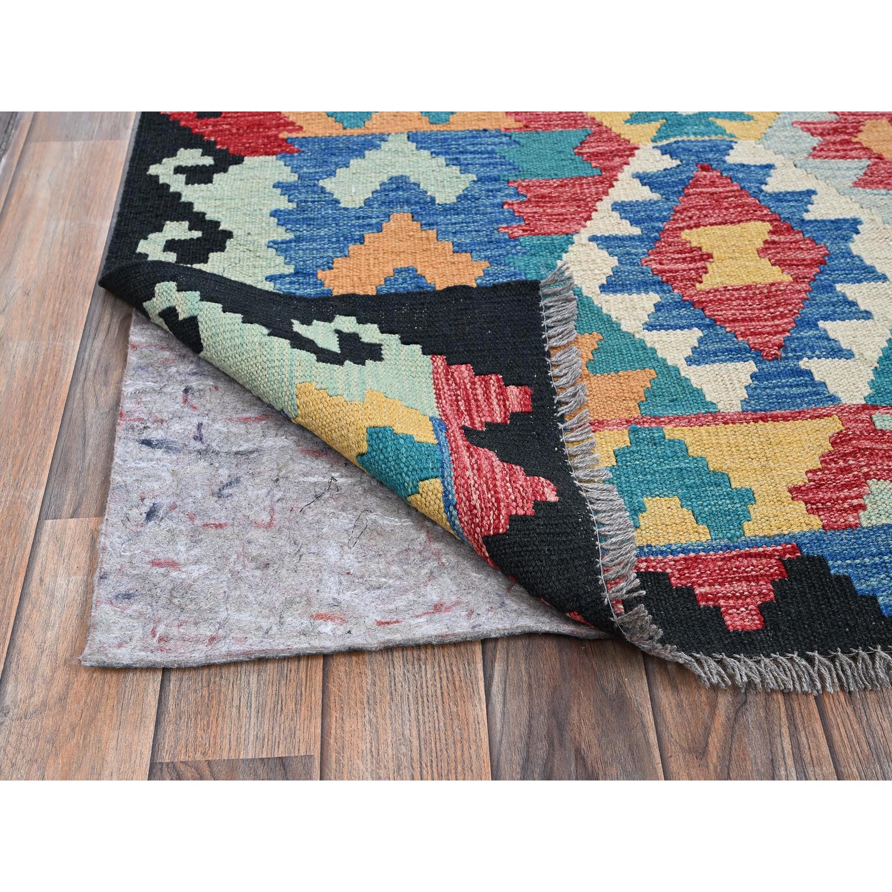6'9"x9'8" Bayern Blue, Afghan Kilim with Colorful Geometric Pattern, Vegetable Dyes, Pure Wool, Hand Woven, Flat Weave, Reversible, Oriental Rug Sh1238