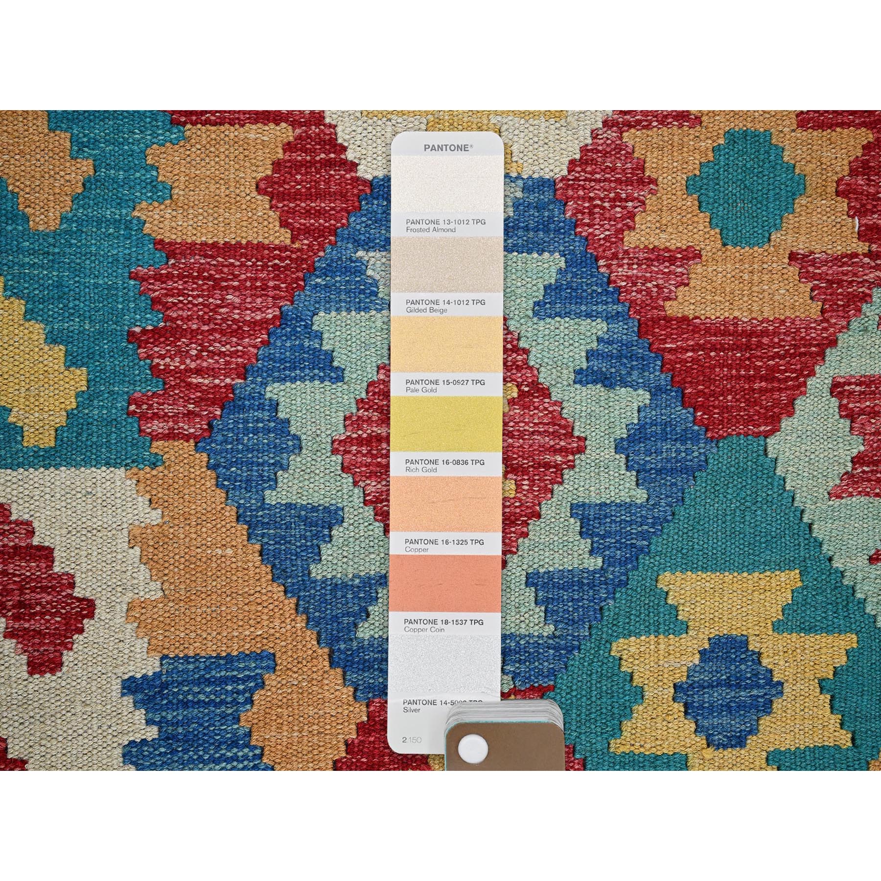 6'9"x9'8" Bayern Blue, Afghan Kilim with Colorful Geometric Pattern, Vegetable Dyes, Pure Wool, Hand Woven, Flat Weave, Reversible, Oriental Rug Sh1238