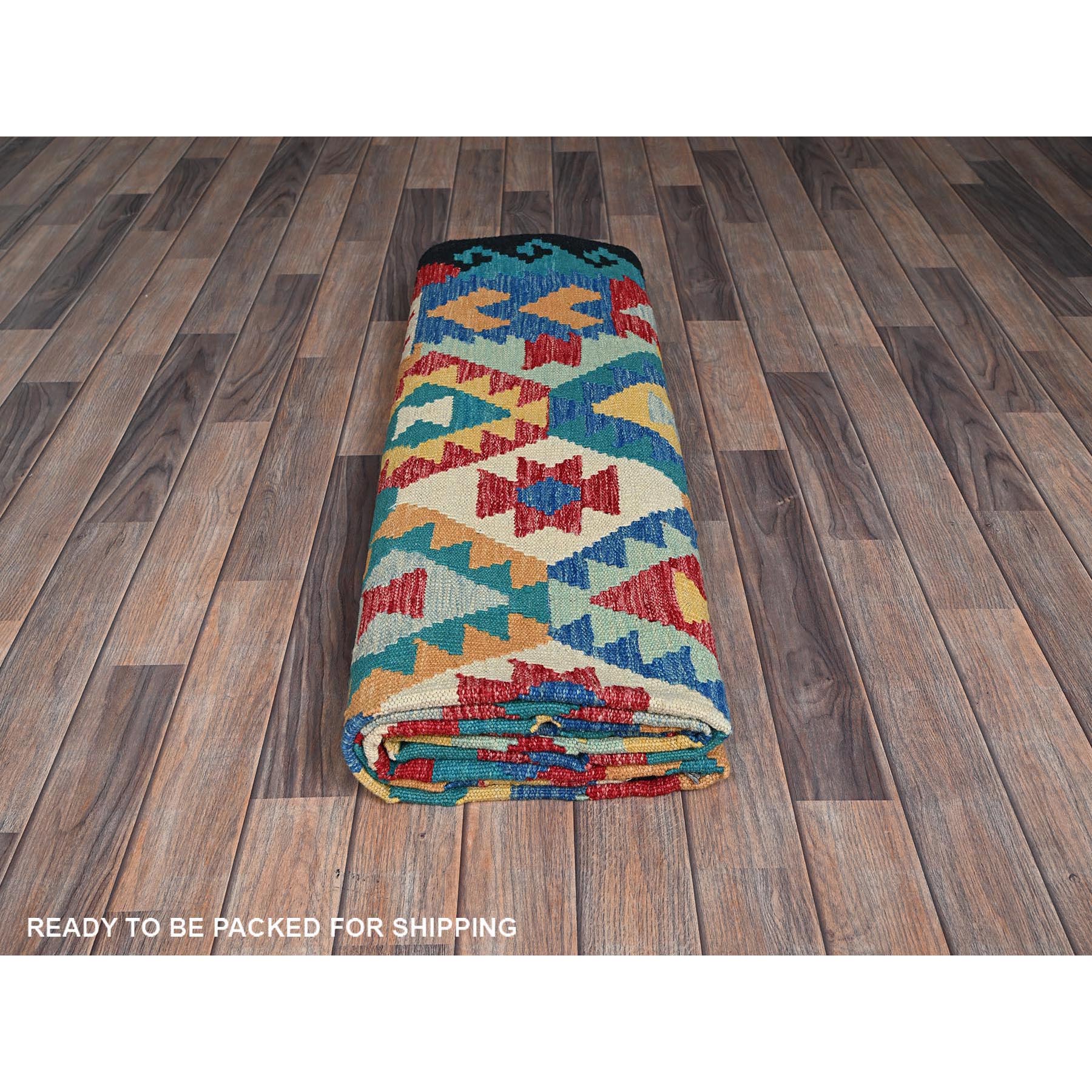 6'9"x9'8" Bayern Blue, Afghan Kilim with Colorful Geometric Pattern, Vegetable Dyes, Pure Wool, Hand Woven, Flat Weave, Reversible, Oriental Rug Sh1238