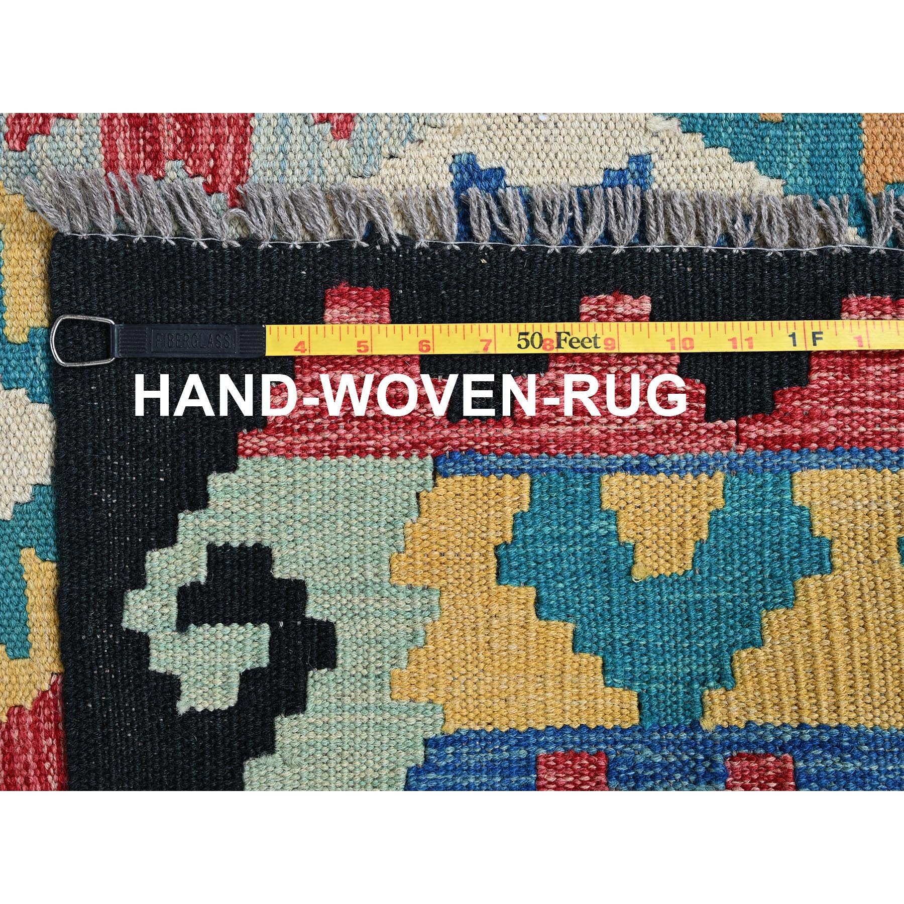 6'9"x9'8" Bayern Blue, Afghan Kilim with Colorful Geometric Pattern, Vegetable Dyes, Pure Wool, Hand Woven, Flat Weave, Reversible, Oriental Rug Sh1238