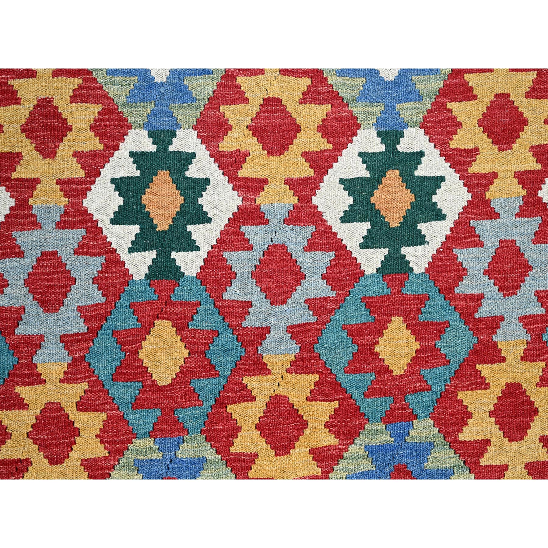 6'8"x9'5" Crimson Red, Flat Weave, Afghan Kilim with Colorful Serrated Geometric Pattern, Vegetable Dyes, Pure Wool, Hand Woven, Reversible, Oriental Rug Sh1239