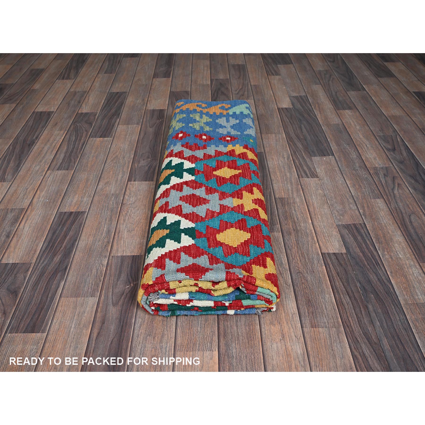 6'8"x9'5" Crimson Red, Flat Weave, Afghan Kilim with Colorful Serrated Geometric Pattern, Vegetable Dyes, Pure Wool, Hand Woven, Reversible, Oriental Rug Sh1239