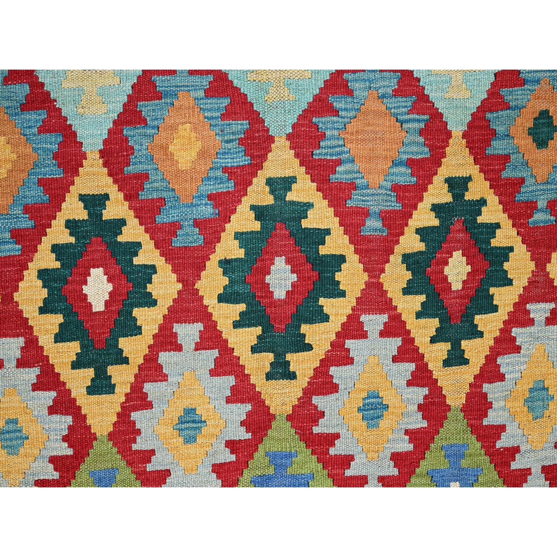 6'10"x9'8" Chili Red, Afghan Kilim with Colorful Geometric Pattern, Vegetable Dyes, Pure Wool, Hand Woven, Flat Weave, Reversible, Oriental Rug Sh1240