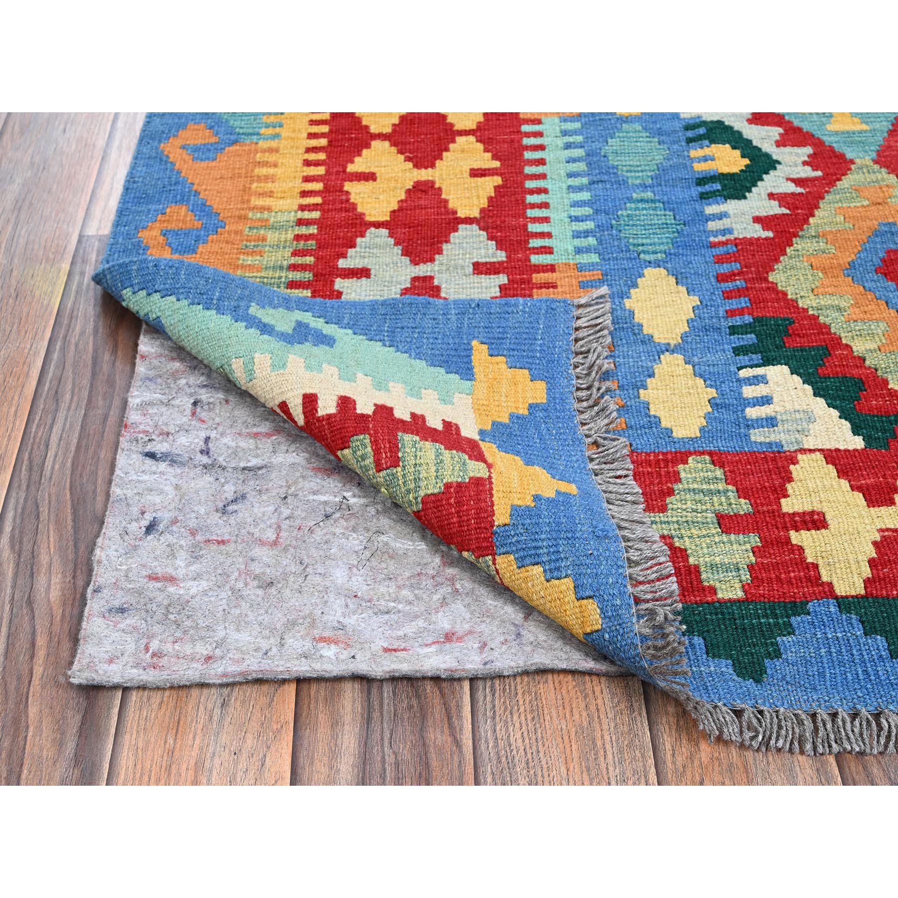 6'10"x9'8" Chili Red, Afghan Kilim with Colorful Geometric Pattern, Vegetable Dyes, Pure Wool, Hand Woven, Flat Weave, Reversible, Oriental Rug Sh1240