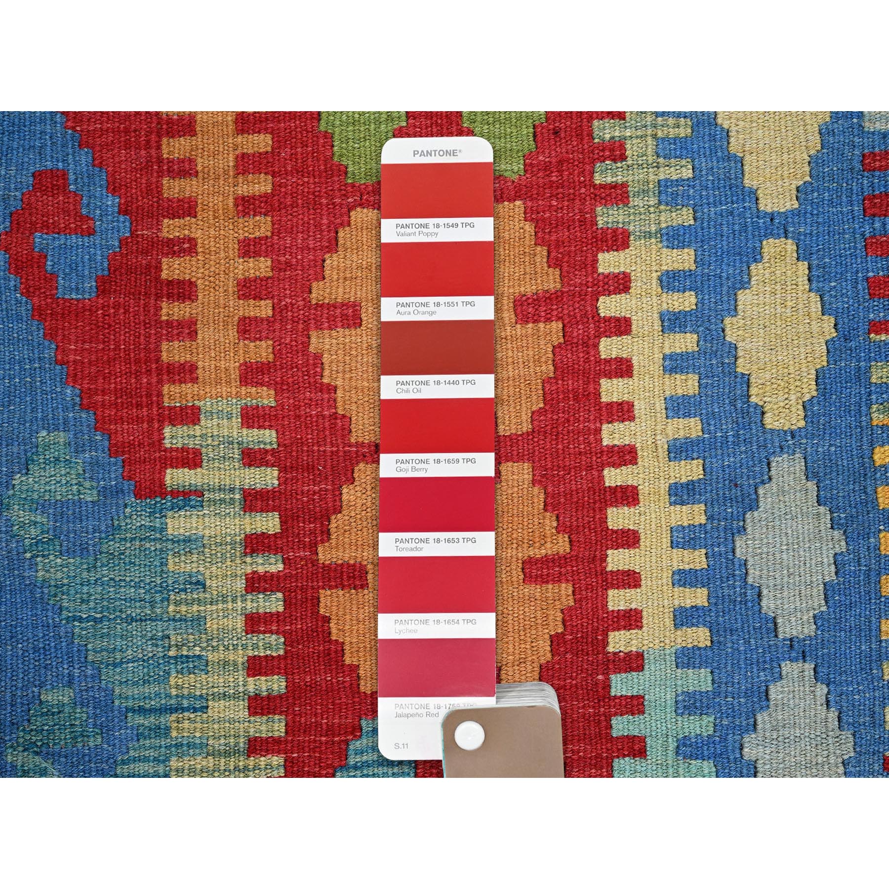 6'10"x9'8" Chili Red, Afghan Kilim with Colorful Geometric Pattern, Vegetable Dyes, Pure Wool, Hand Woven, Flat Weave, Reversible, Oriental Rug Sh1240